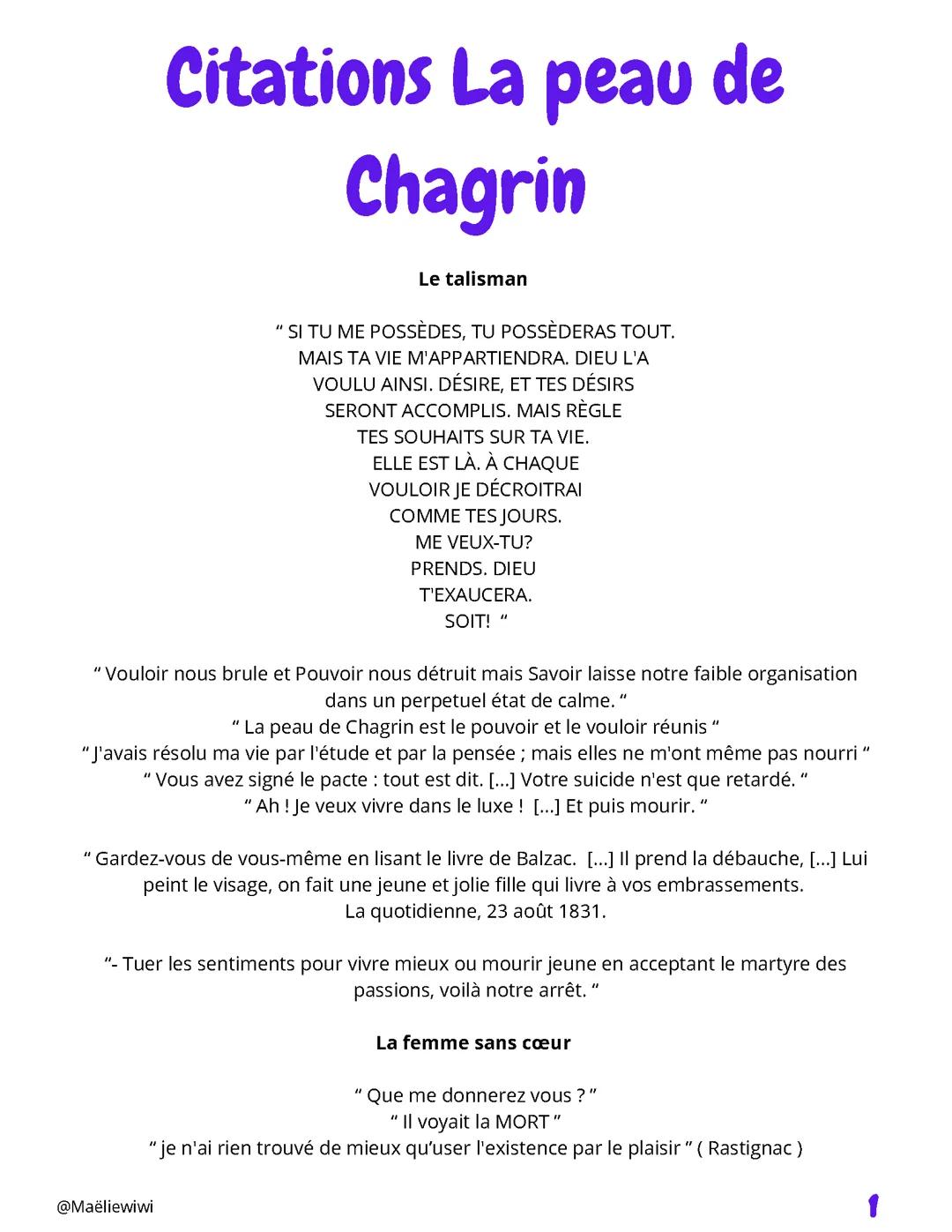 Citation la peau de chagrin, Balzac, bac de français première