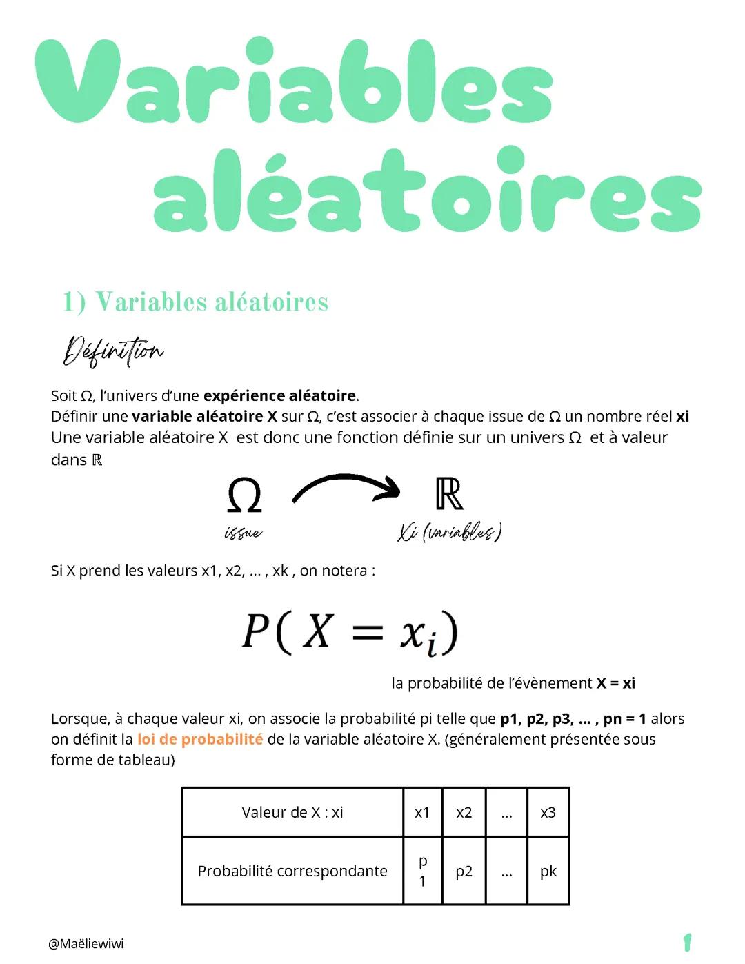 Variable aléatoire, première spécialité mathématiques