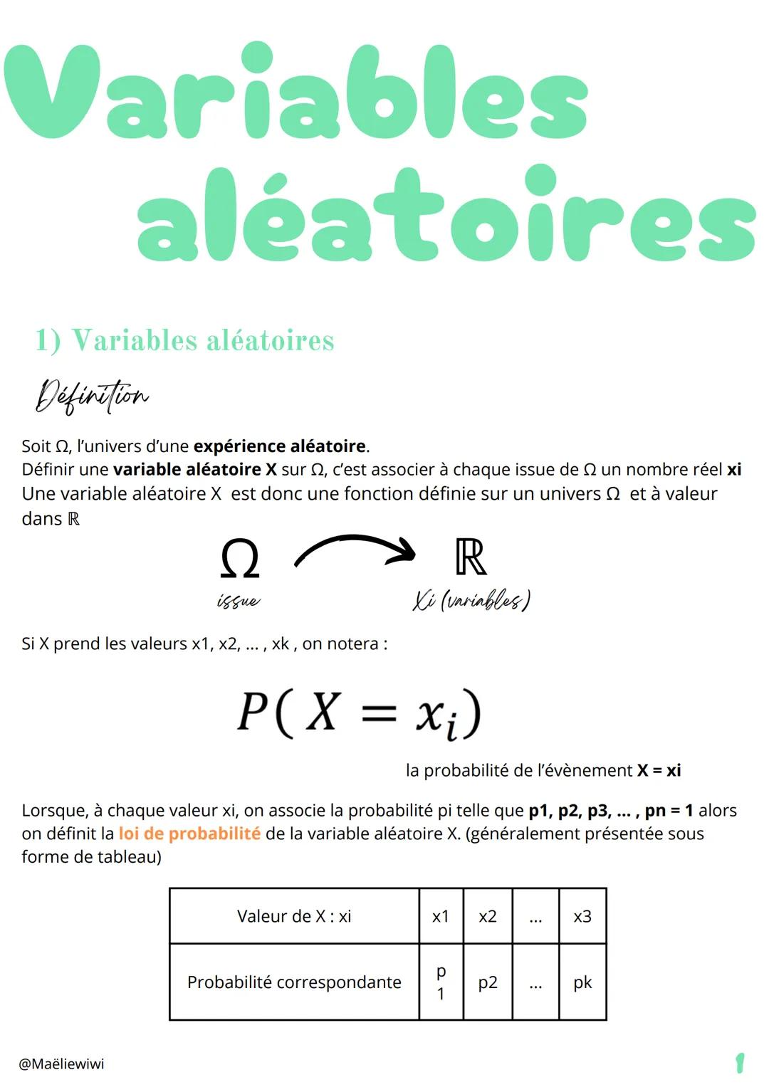 Variables
aléatoires
1) Variables aléatoires
Définition
Soit 2, l'univers d'une expérience aléatoire.
Définir une variable aléatoire X sur 2