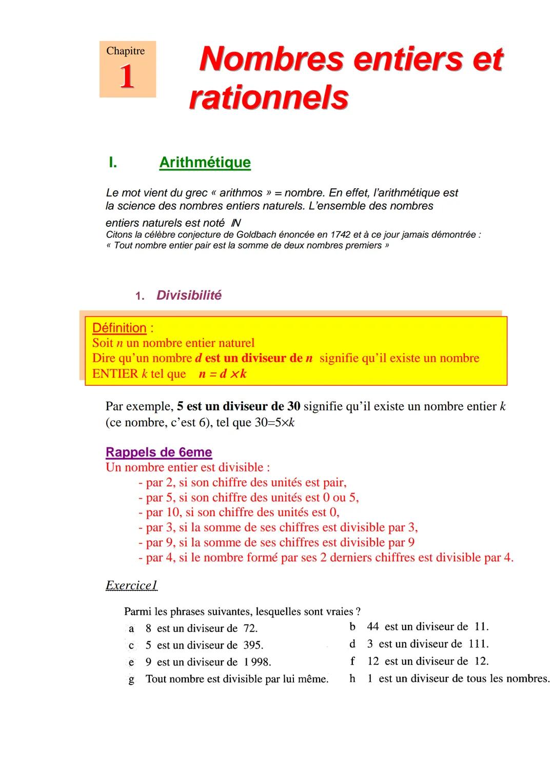Programme de 3ème en mathématiques
NOMBRES ENTIERS ET RATIONNELS 4
Arithmétique
I.
1.
Divisibilité
2.
Nombres premiers
3.
4.
5.
PGCD de deux