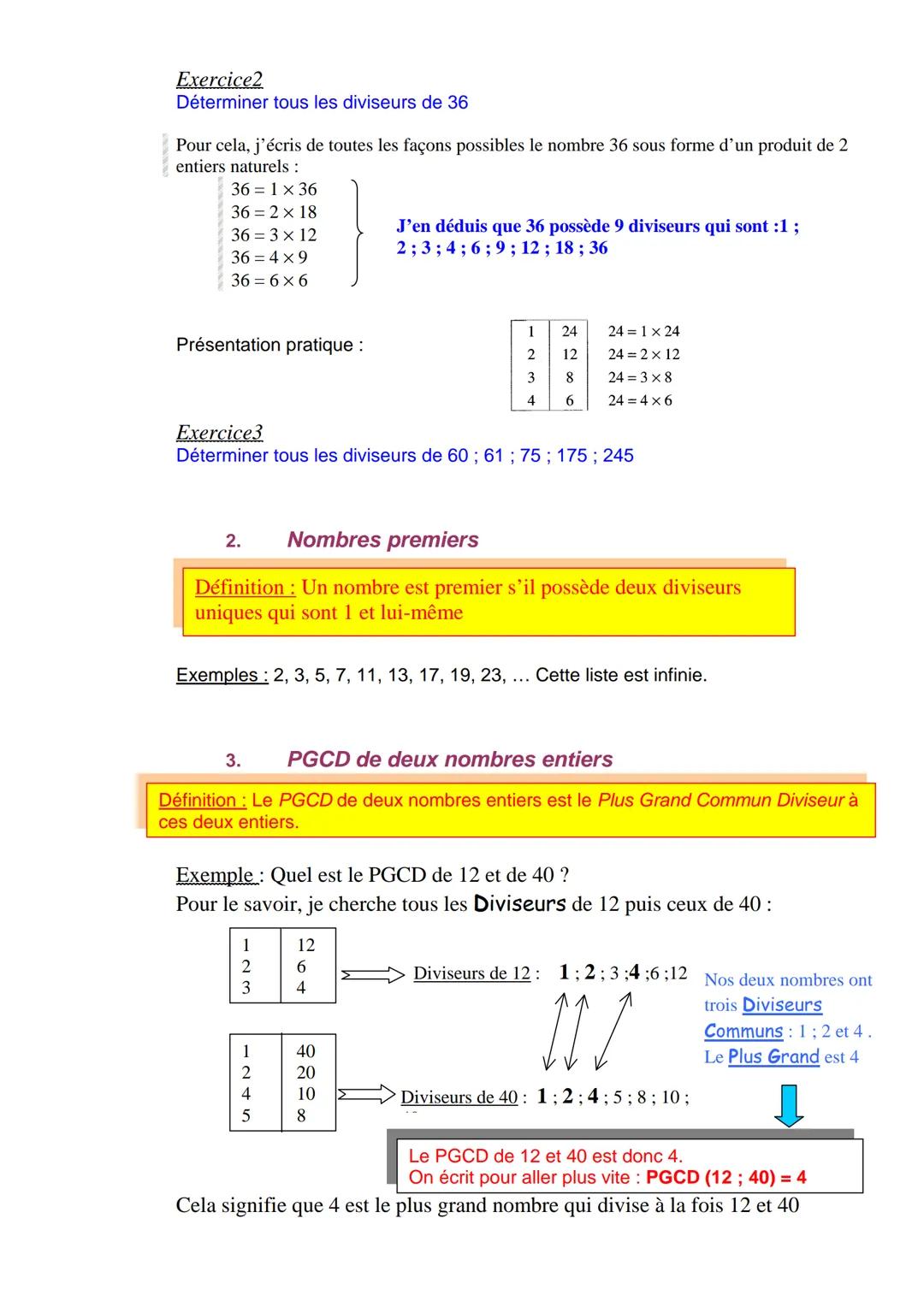 Programme de 3ème en mathématiques
NOMBRES ENTIERS ET RATIONNELS 4
Arithmétique
I.
1.
Divisibilité
2.
Nombres premiers
3.
4.
5.
PGCD de deux