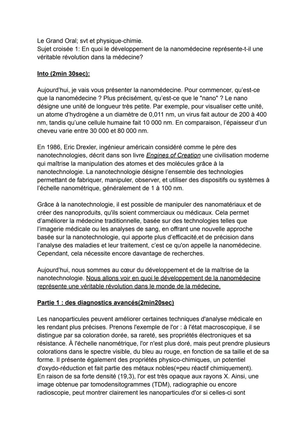 Le Grand Oral; svt et physique-chimie.
Sujet croisée 1: En quoi le développement de la nanomédecine représente-t-il une
véritable révolution