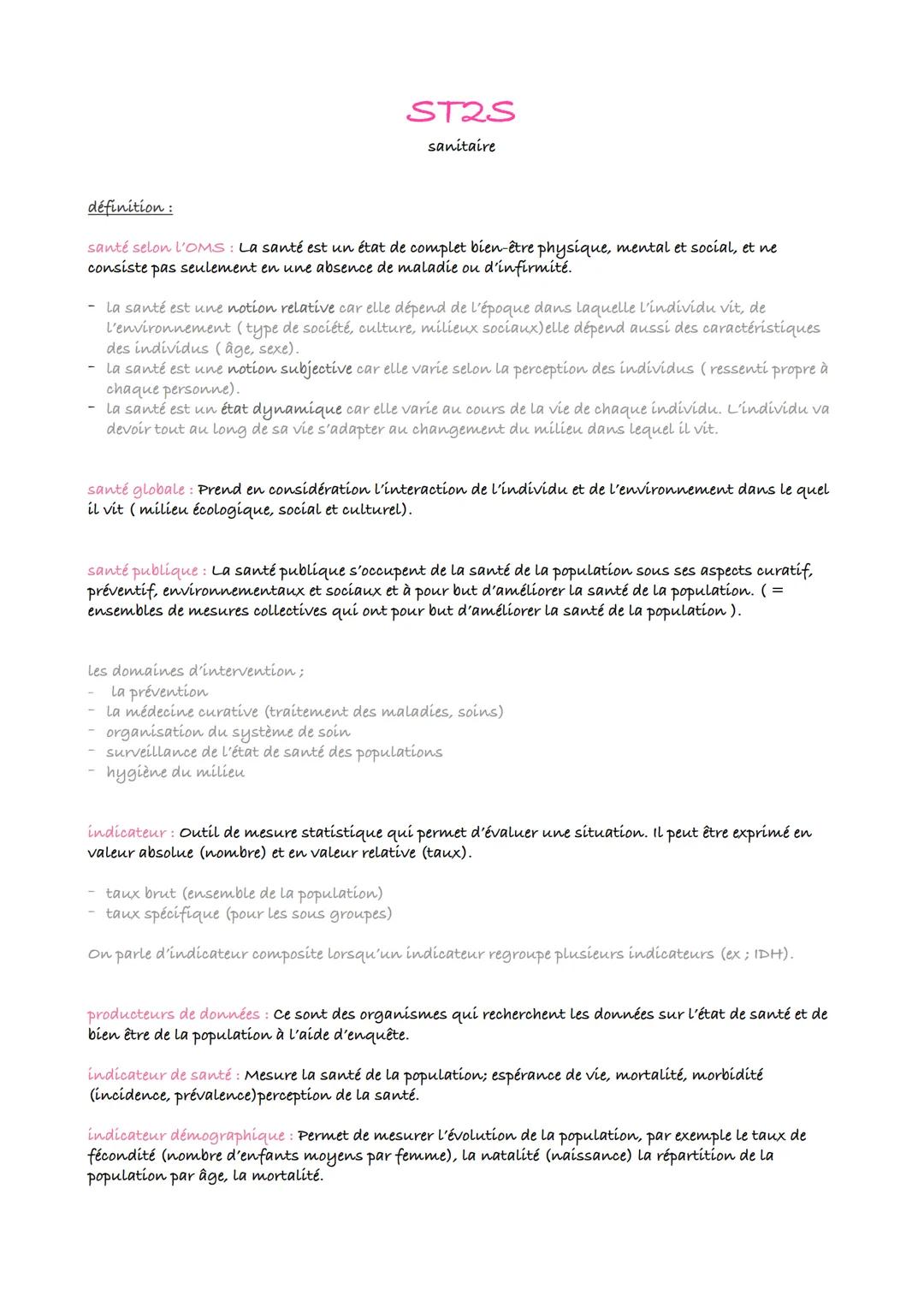ST2S
sanitaire
définition :
santé selon l'OMS: La santé est un état de complet bien-être physique, mental et social, et ne
consiste pas seul