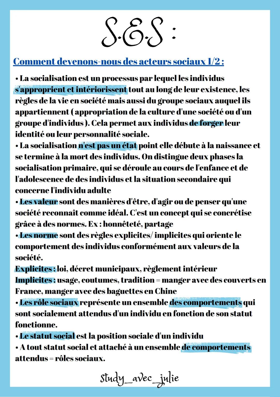 S.E.S:
Comment devenons-nous des acteurs sociaux 1/2:
• La socialisation est un processus par lequel les individus
s'approprient et intérior