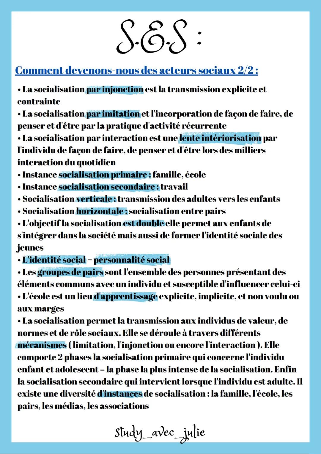 S.E.S:
Comment devenons-nous des acteurs sociaux 1/2:
• La socialisation est un processus par lequel les individus
s'approprient et intérior