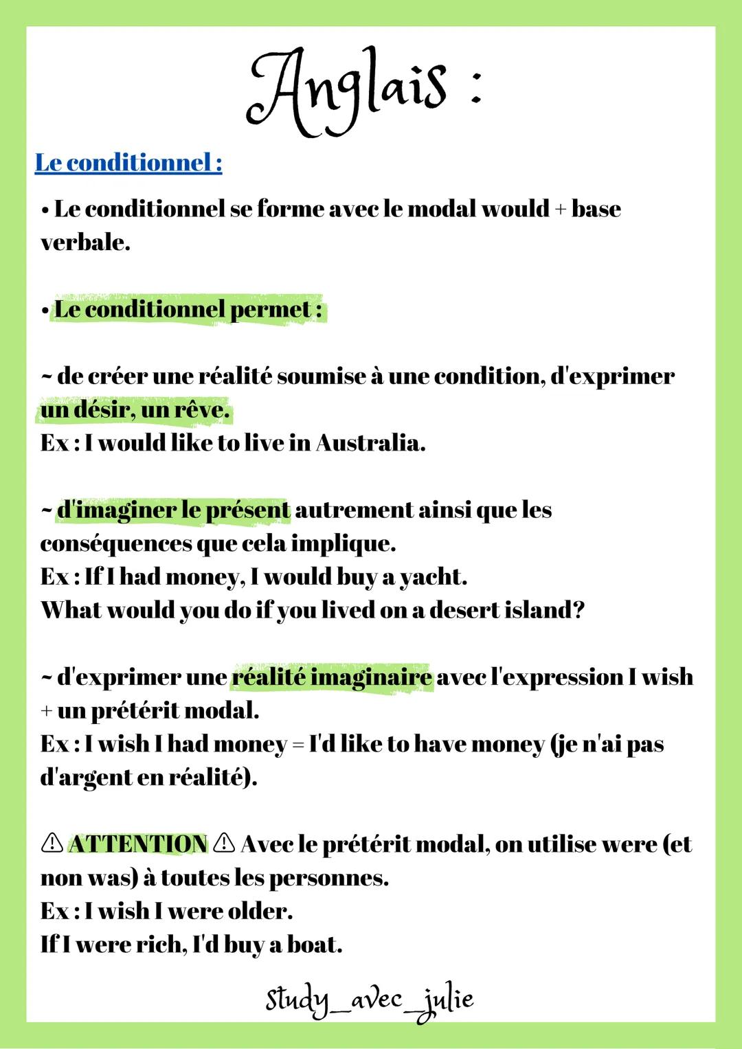 Le conditionnel:
Anglais :
⚫ Le conditionnel se forme avec le modal would + base
verbale.
Le conditionnel permet :
~ de créer une réalité so