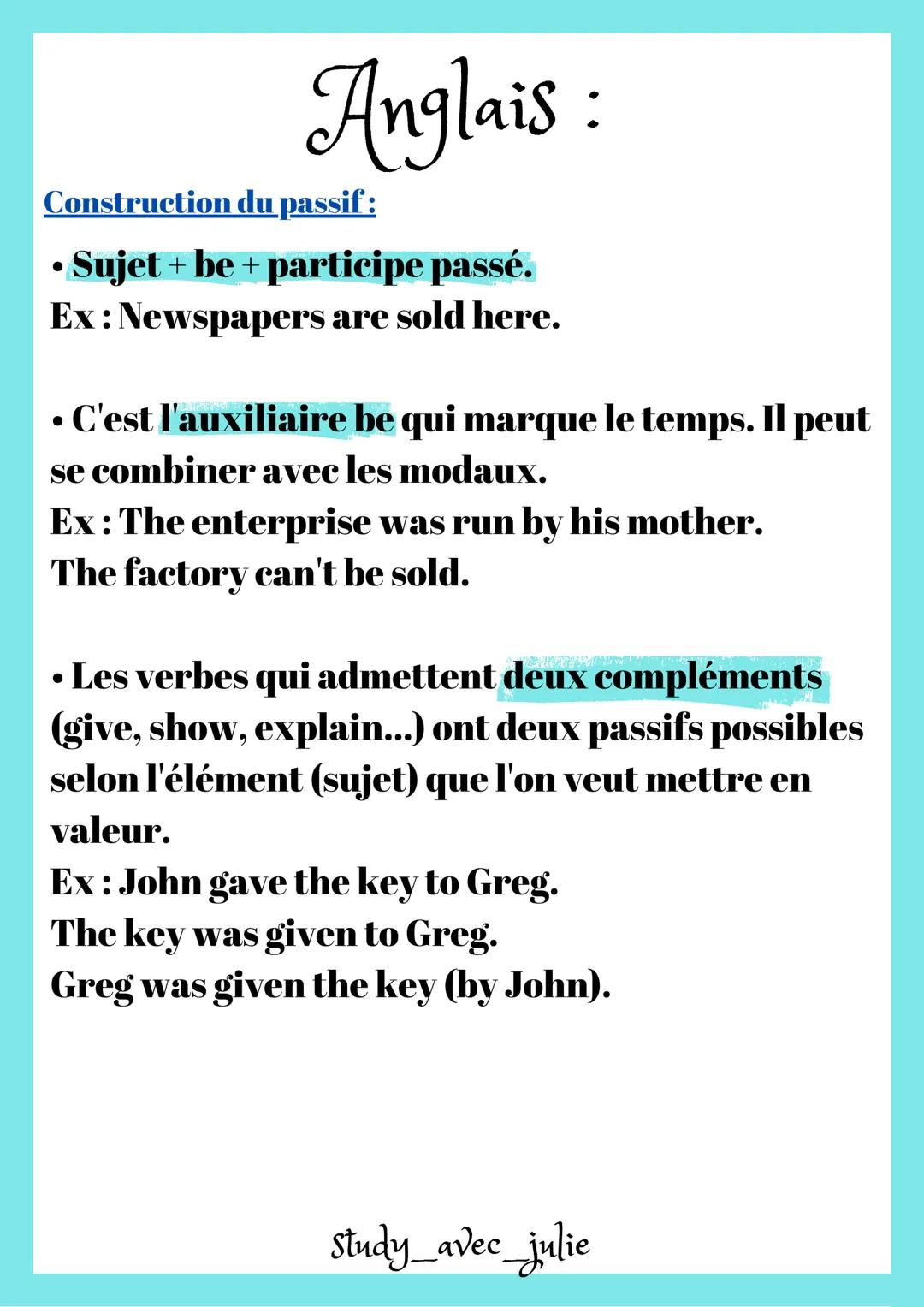 Anglais :
Construction du passif :
•
Sujet + be + participe passé.
Ex: Newspapers are sold here.
•
C'est l'auxiliaire be qui marque le temps