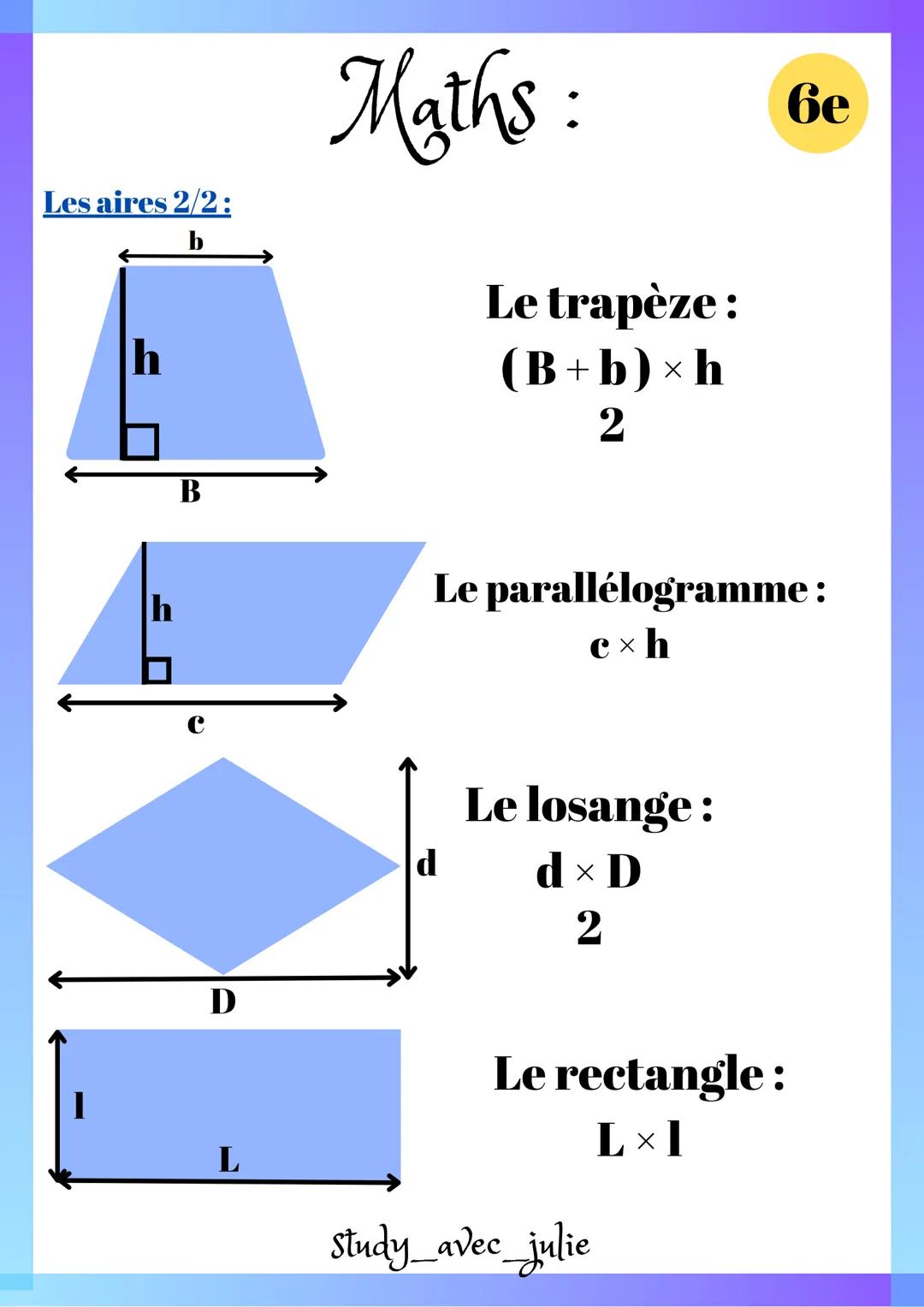 Les aires 1/2:
Maths:
с
h
r
Le carré :
c² = c × c
Le triangle:
c×h
2
Le cercle:
π × p²
study_avec_julie
6e Les aires 1/2:
Maths:
с
h
r
Le ca