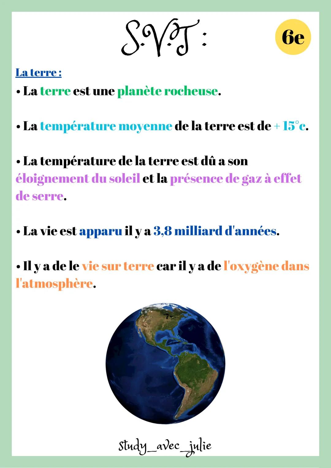 S.V.T:
6e
La terre:
• La terre est une planète rocheuse.
• La température moyenne de la terre est de +15°c.
.
La température de la terre est