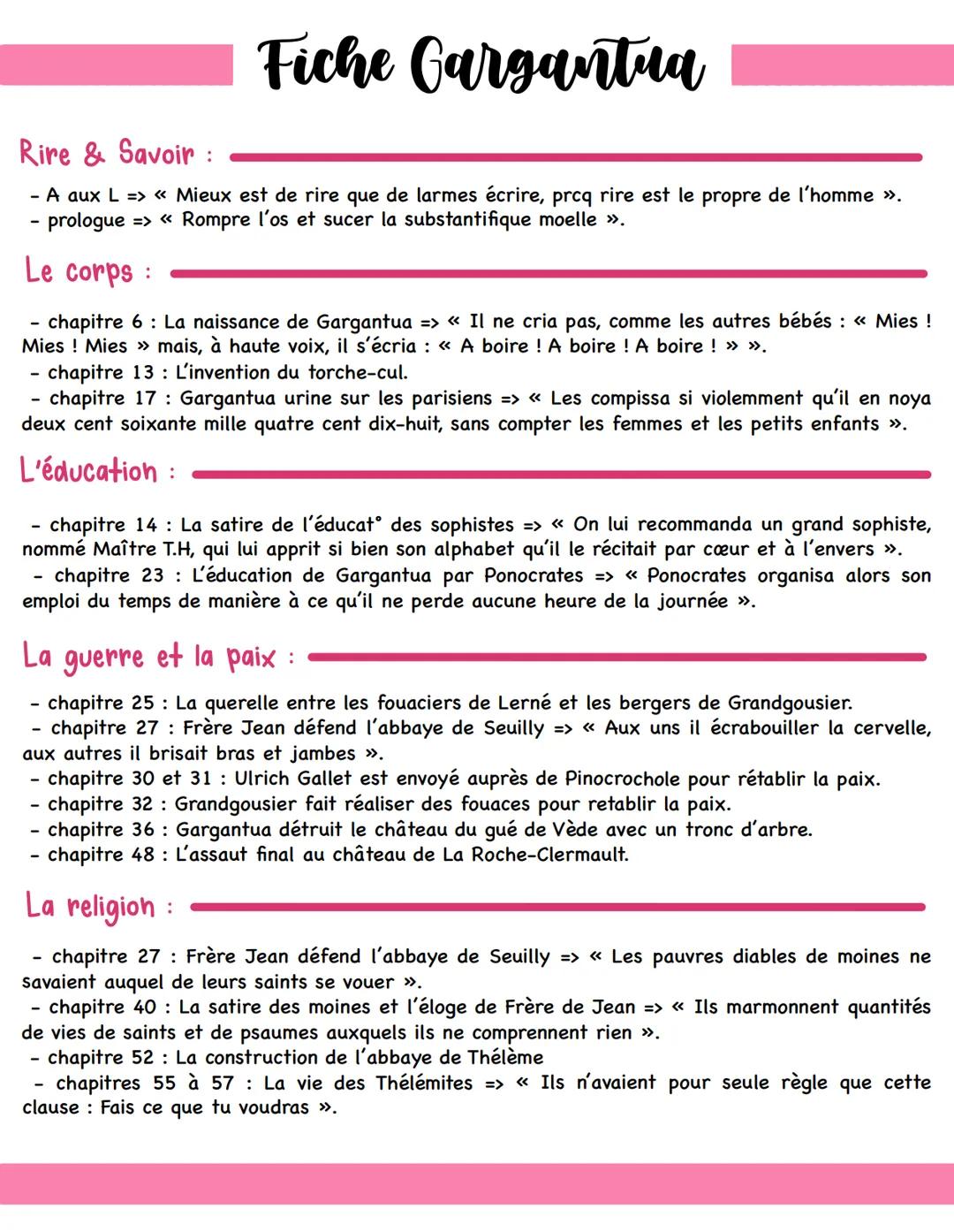 # Fiche Gargantua
# Rire & Savoir:
- A aux L => << Mieux est de rire que de larmes écrire, prcq rire est le propre de l'homme >>.
- prologu