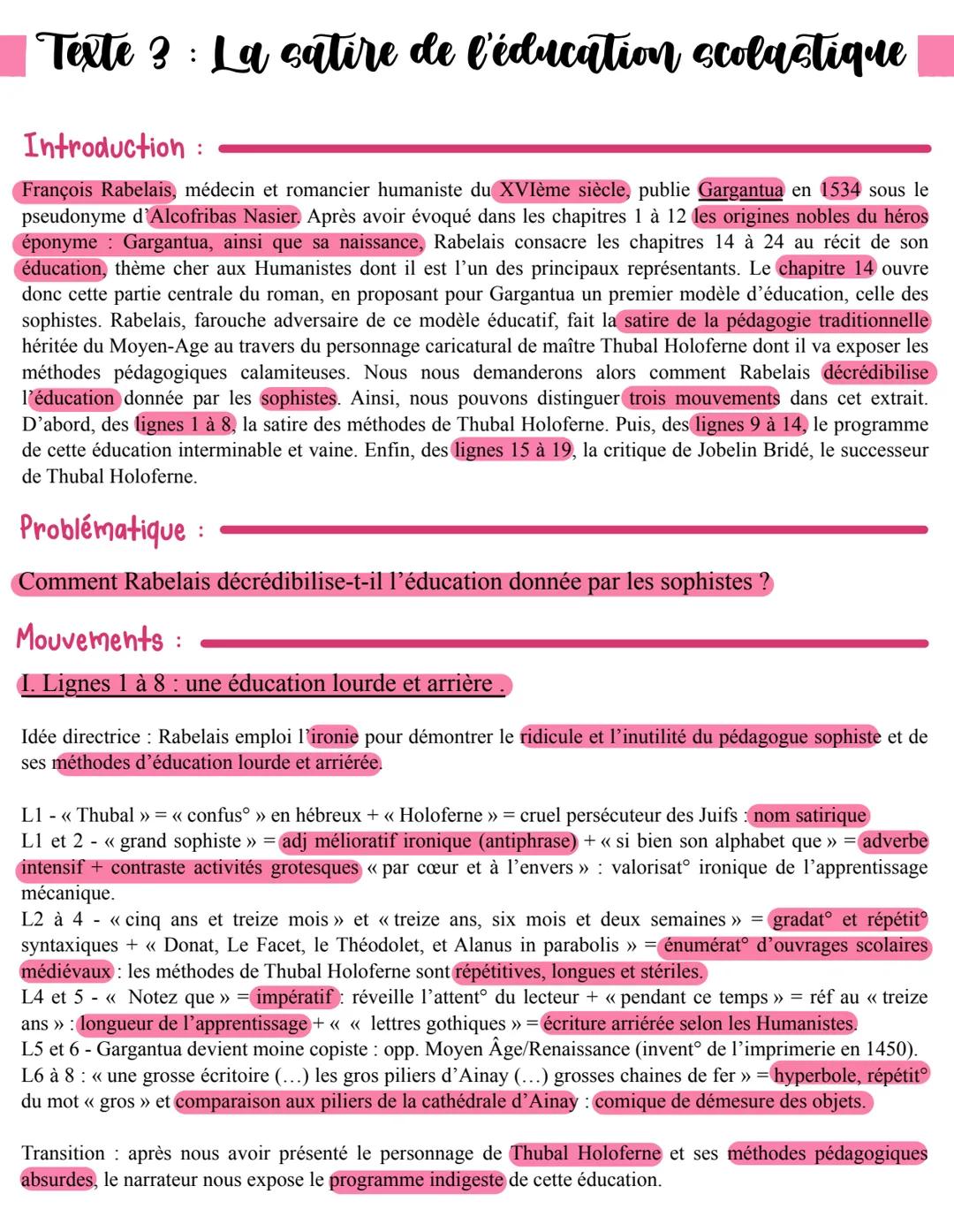 Texte 3 La satire de l'éducation scolastique
Introduction:
François Rabelais, médecin et romancier humaniste du XVIème siècle, publie Gargan