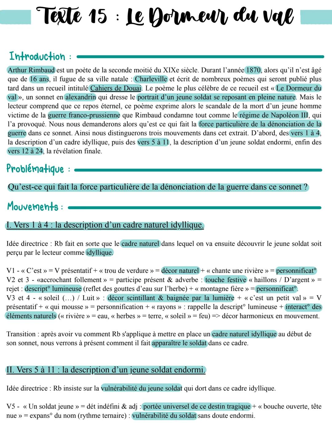 Texte 15 Le Dormeur du val
:
Introduction:
Arthur Rimbaud est un poète de la seconde moitié du XIXe siècle. Durant l'année 1870, alors qu'il
