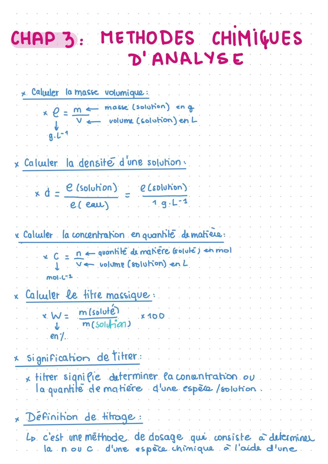 # CHAP 3: METHODES CHIMIQUES
D'ANALYSE
x. Calueler la masse volumique:
* $\varrho = \frac{m}{V} \leftarrow masse (solution) en g$
$\downa