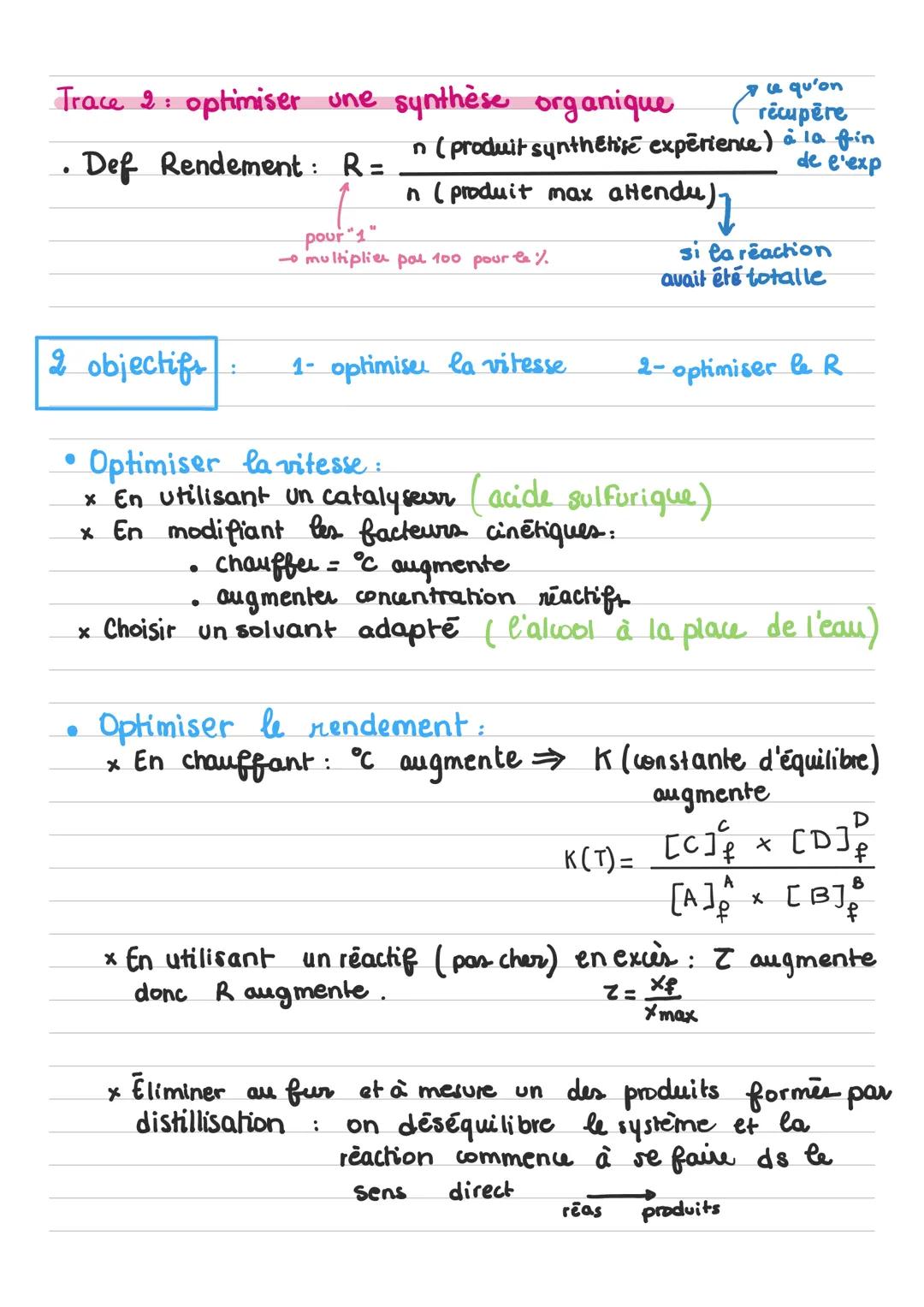 Trace 2: optimiser une synthèse organique (recupere
. Def Rendement: R = $\frac{n \text{ (produit synthétise experience)}}{n \text{ (produit