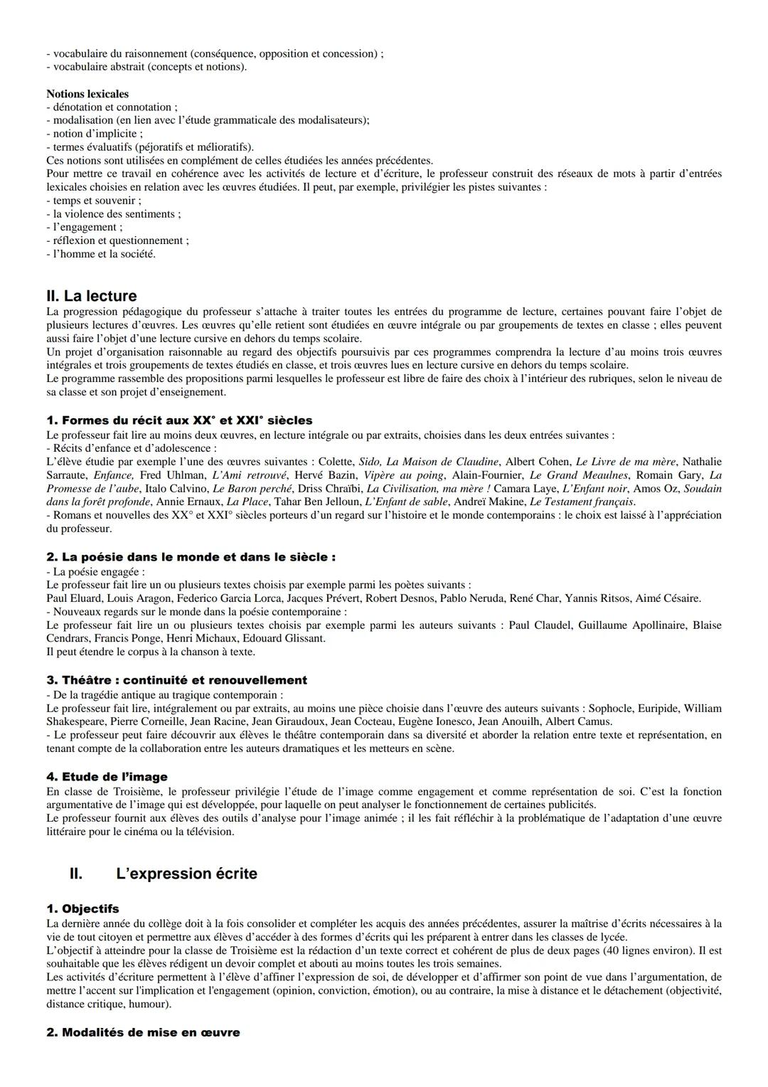 Préambule - Principes et objectifs
Les programmes de français au collège contribuent à l'acquisition de plusieurs grandes compétences défini