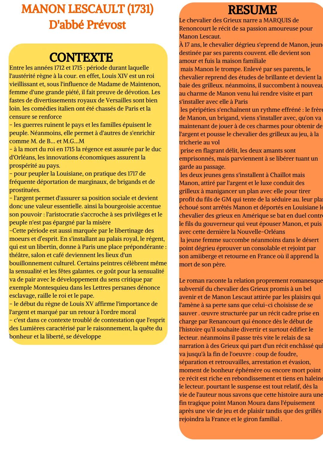 # MANON LESCAULT (1731)
D'abbé Prévost
## CONTEXTE
Entre les années 1712 et 1715: période durant laquelle
l'austérité règne à la cour. en e