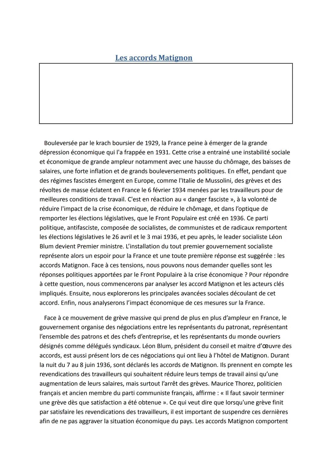 Les accords Matignon
Bouleversée par le krach boursier de 1929, la France peine à émerger de la grande
dépression économique qui l'a frappée
