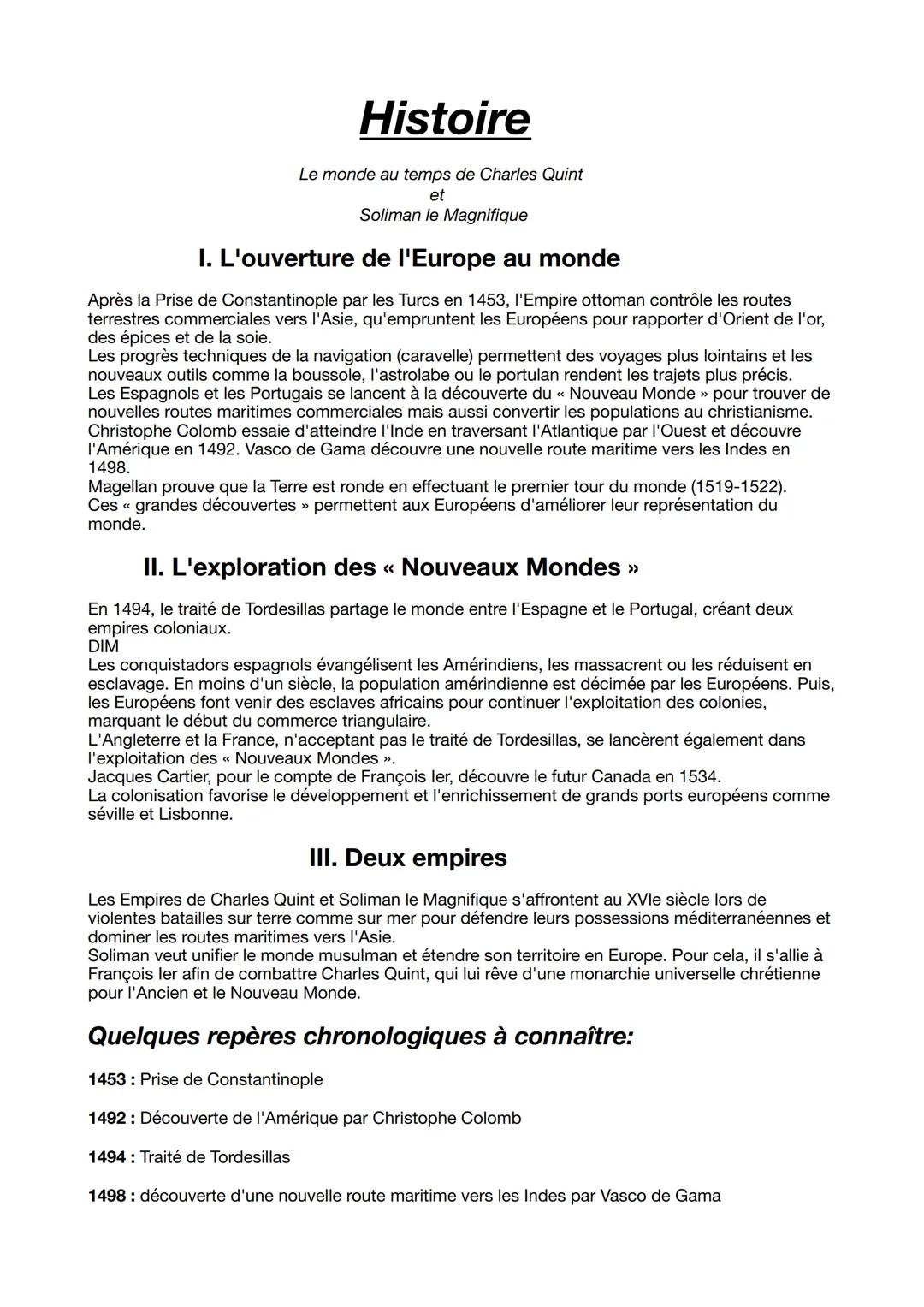 Histoire
Le monde au temps de Charles Quint
et
Soliman le Magnifique
I. L'ouverture de l'Europe au monde
Après la Prise de Constantinople pa