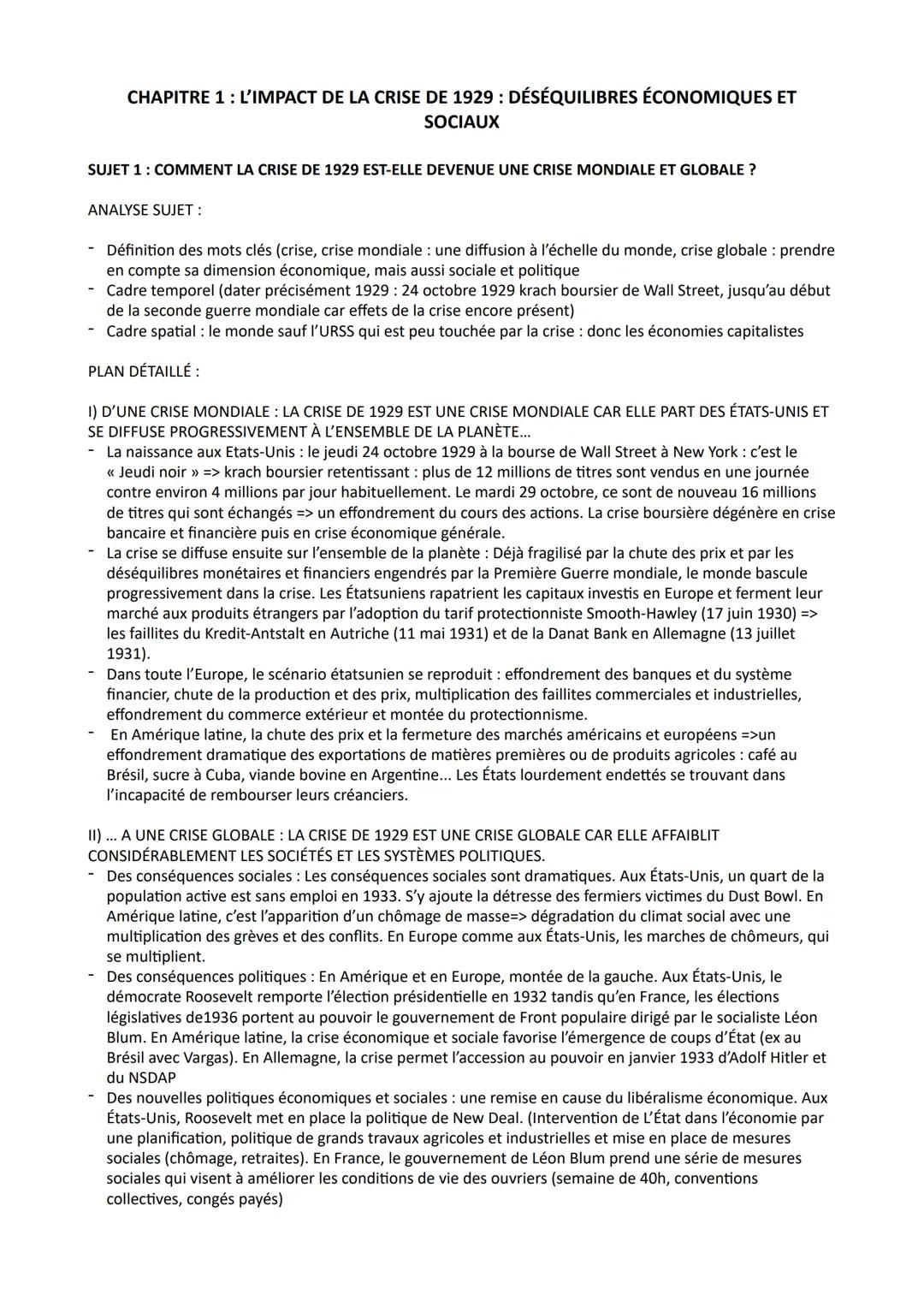 CHAPITRE 1 : L'IMPACT DE LA CRISE DE 1929 : DÉSÉQUILIBRES ÉCONOMIQUES ET
SOCIAUX
SUJET 1 : COMMENT LA CRISE DE 1929 EST-ELLE DEVENUE UNE CRI
