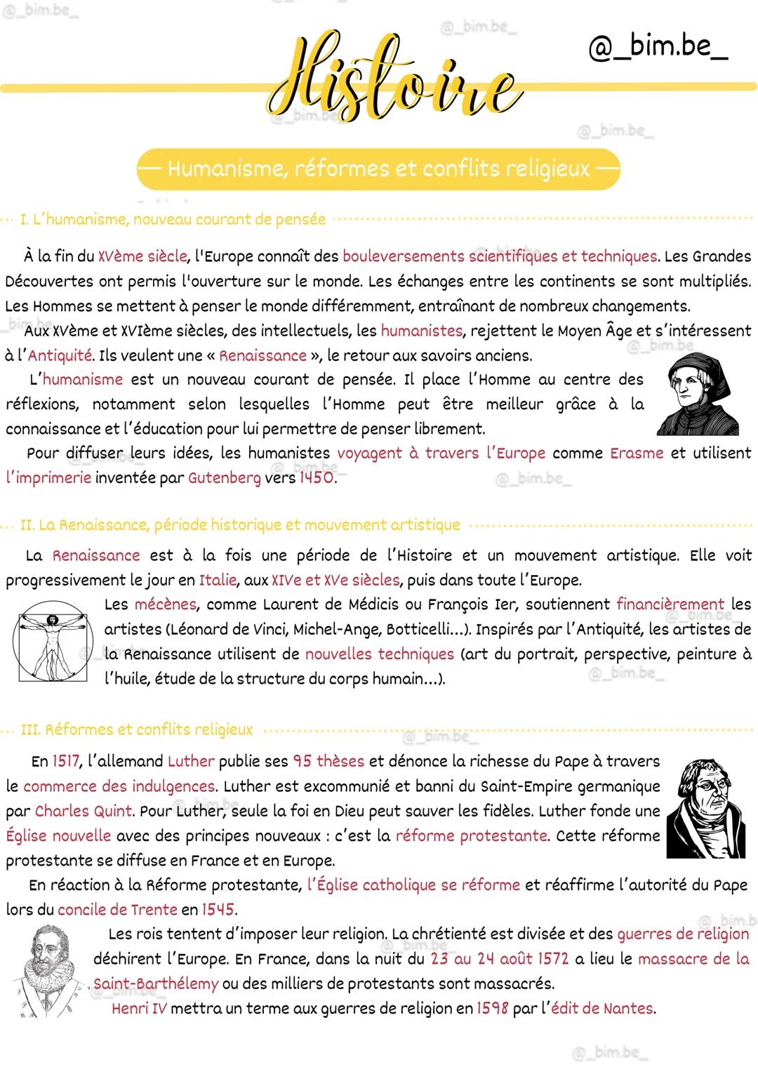 # Histoire
Humanisme, réformes et conflits religieux
I. L'humanisme, nouveau courant de pensée
À la fin du XVème siècle, l'Europe connaît