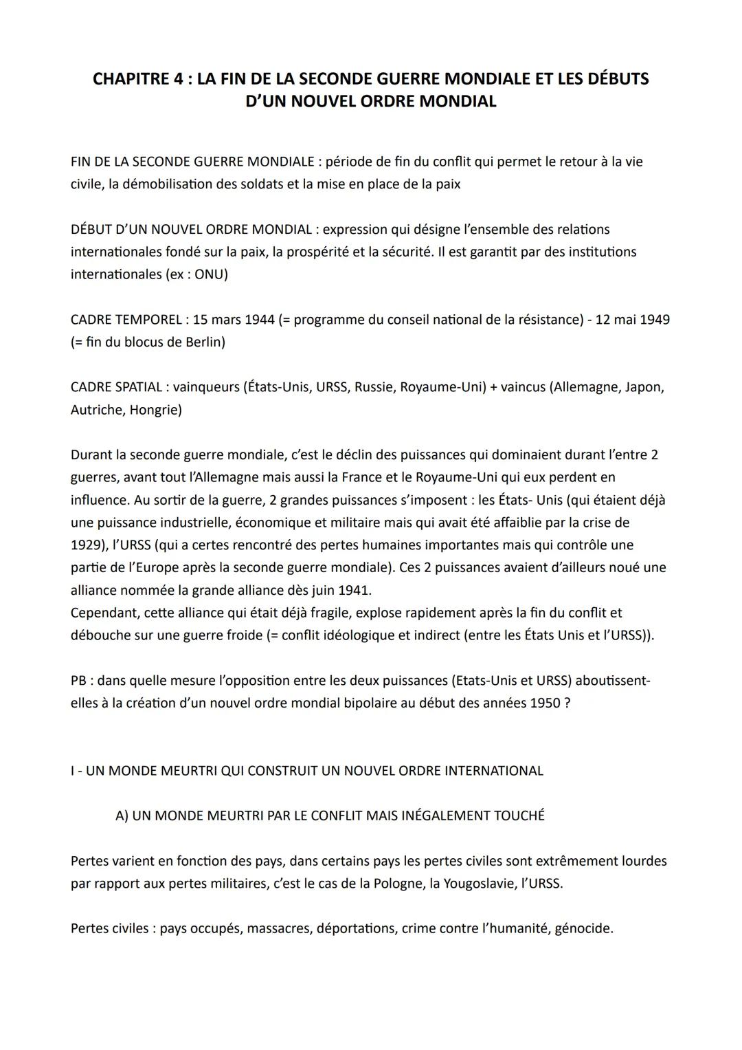 # CHAPITRE 4: LA FIN DE LA SECONDE GUERRE MONDIALE ET LES DÉBUTS
D'UN NOUVEL ORDRE MONDIAL
FIN DE LA SECONDE GUERRE MONDIALE: période de fi