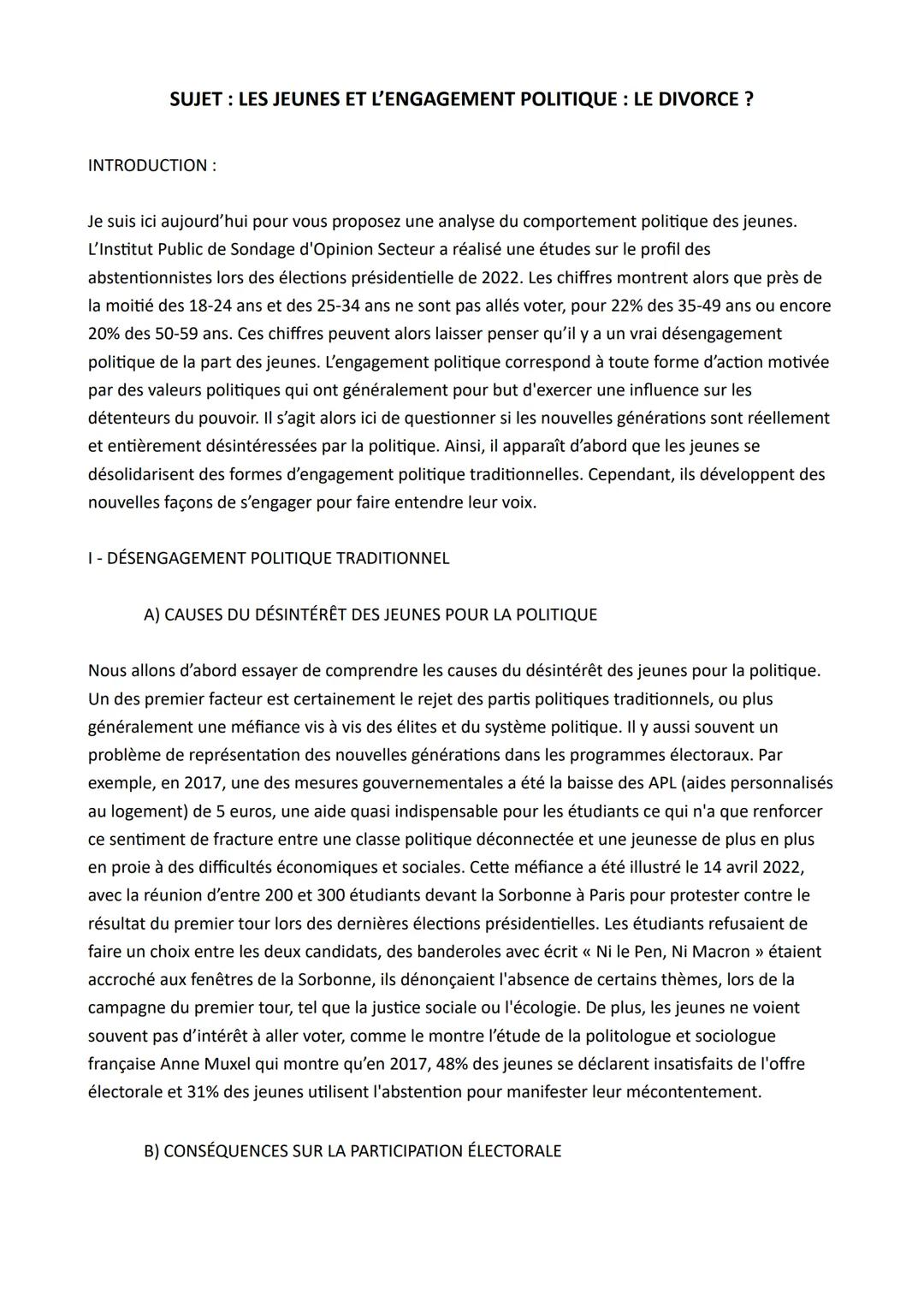 # SUJET: LES JEUNES ET L'ENGAGEMENT POLITIQUE: LE DIVORCE ?
INTRODUCTION:
Je suis ici aujourd'hui pour vous proposez une analyse du compor