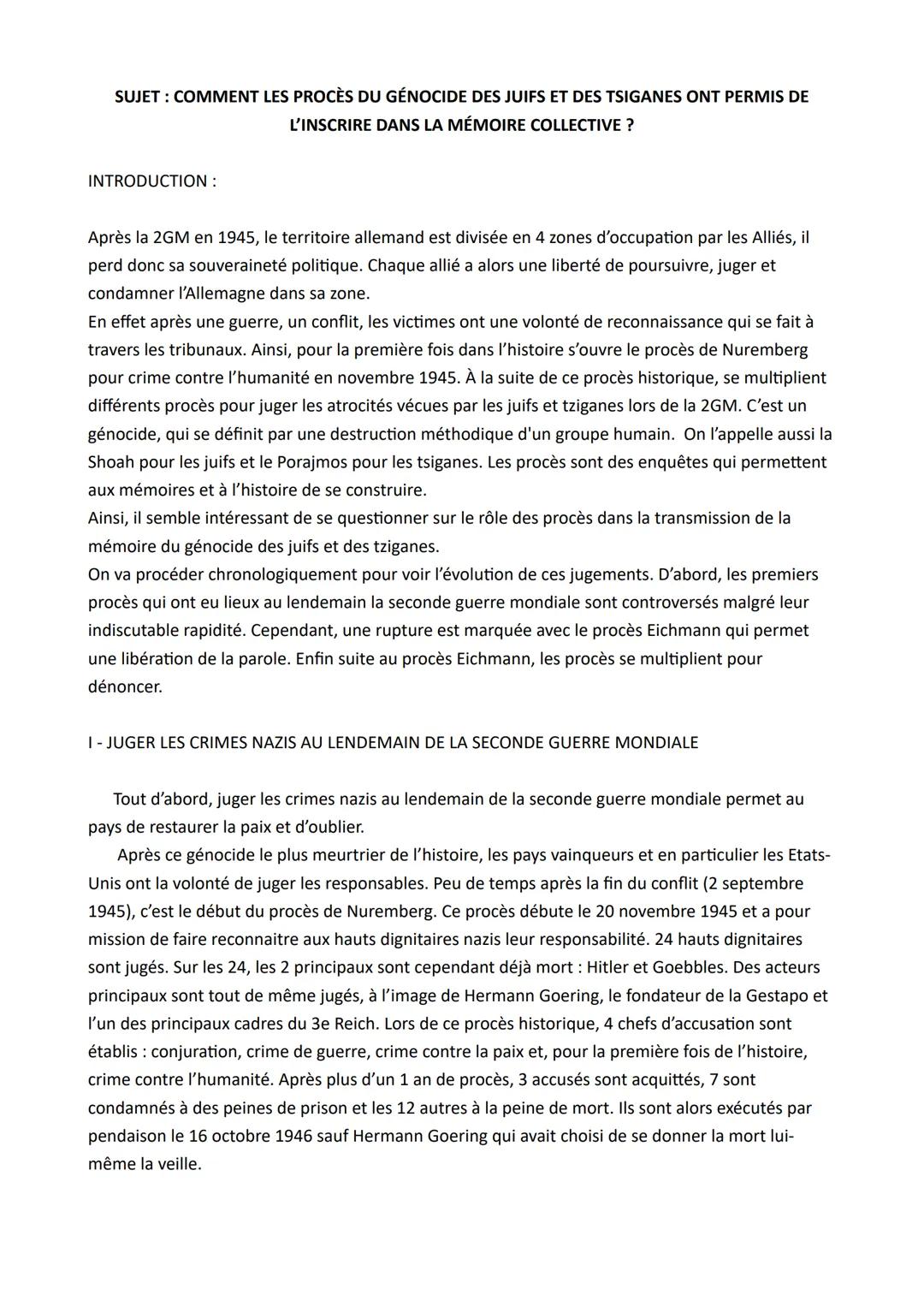 # SUJET: COMMENT LES PROCÈS DU GÉNOCIDE DES JUIFS ET DES TSIGANES ONT PERMIS DE
L'INSCRIRE DANS LA MÉMOIRE COLLECTIVE ?
INTRODUCTION:
Aprè
