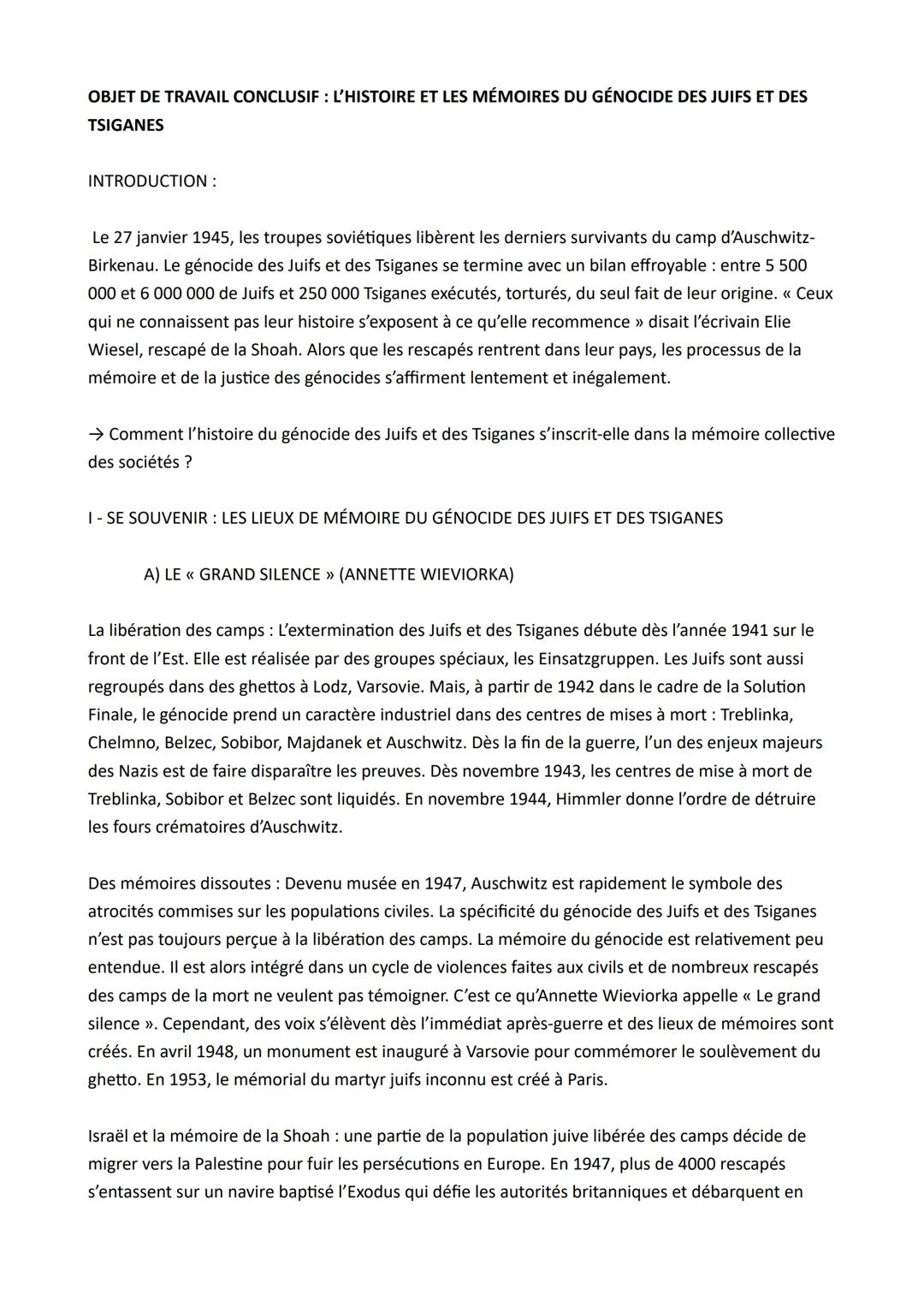 # OBJET DE TRAVAIL CONCLUSIF: L'HISTOIRE ET LES MÉMOIRES DU GÉNOCIDE DES JUIFS ET DES
TSIGANES
INTRODUCTION:
Le 27 janvier 1945, les troup