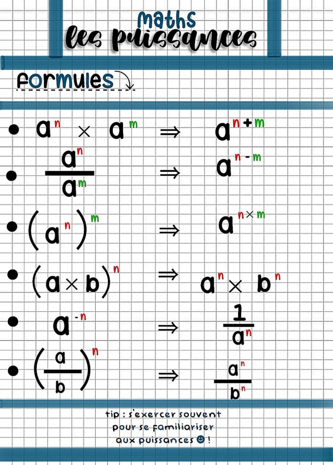 # maths
les puissances
formules
- $a^n \times a^m \Rightarrow a^{n+m}$
- $\frac{a^n}{a^m} \Rightarrow a^{n-m}$
- $(a^n)^m \Rightarrow a^{n