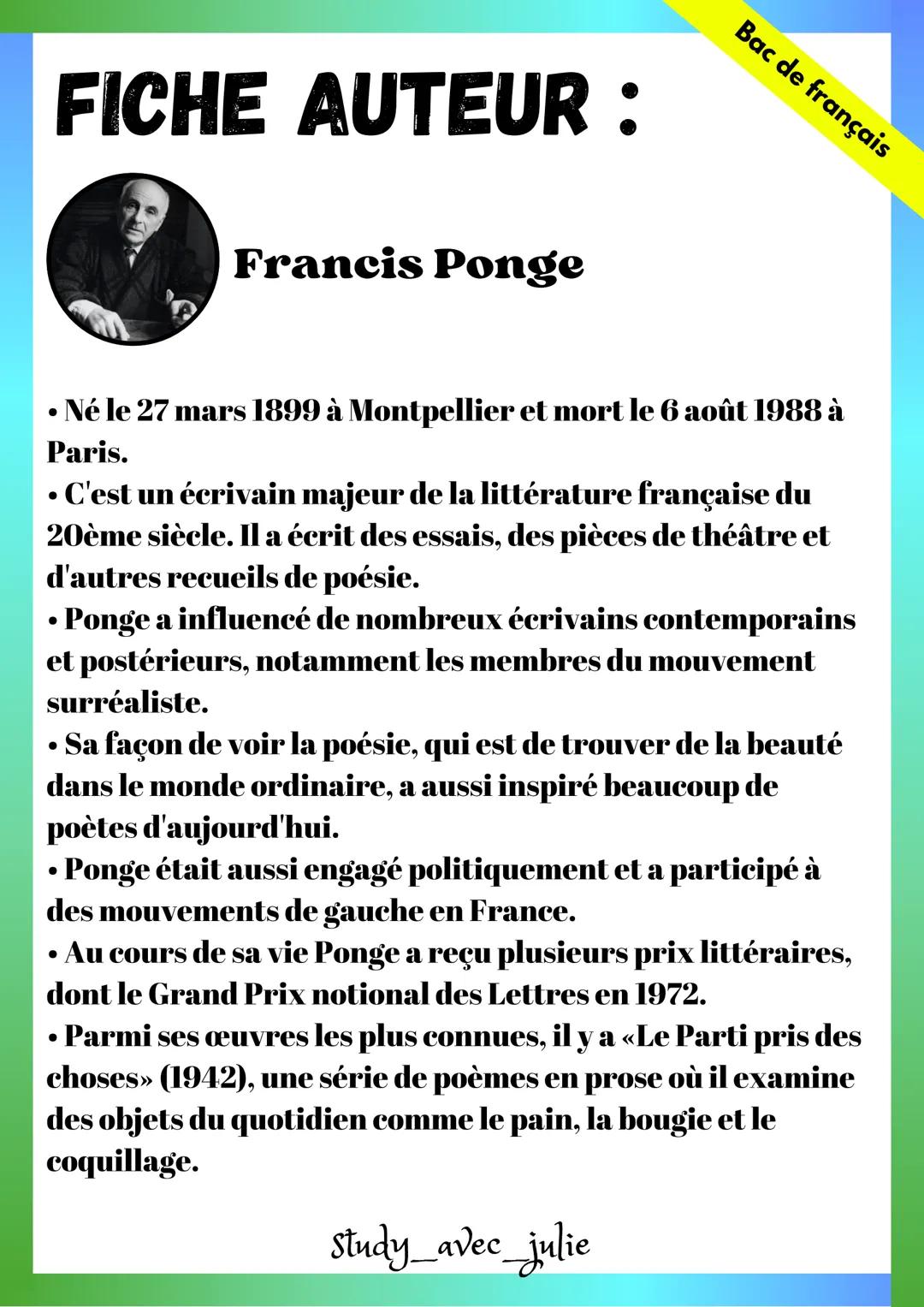 Fiche bac de français Francis Ponge
