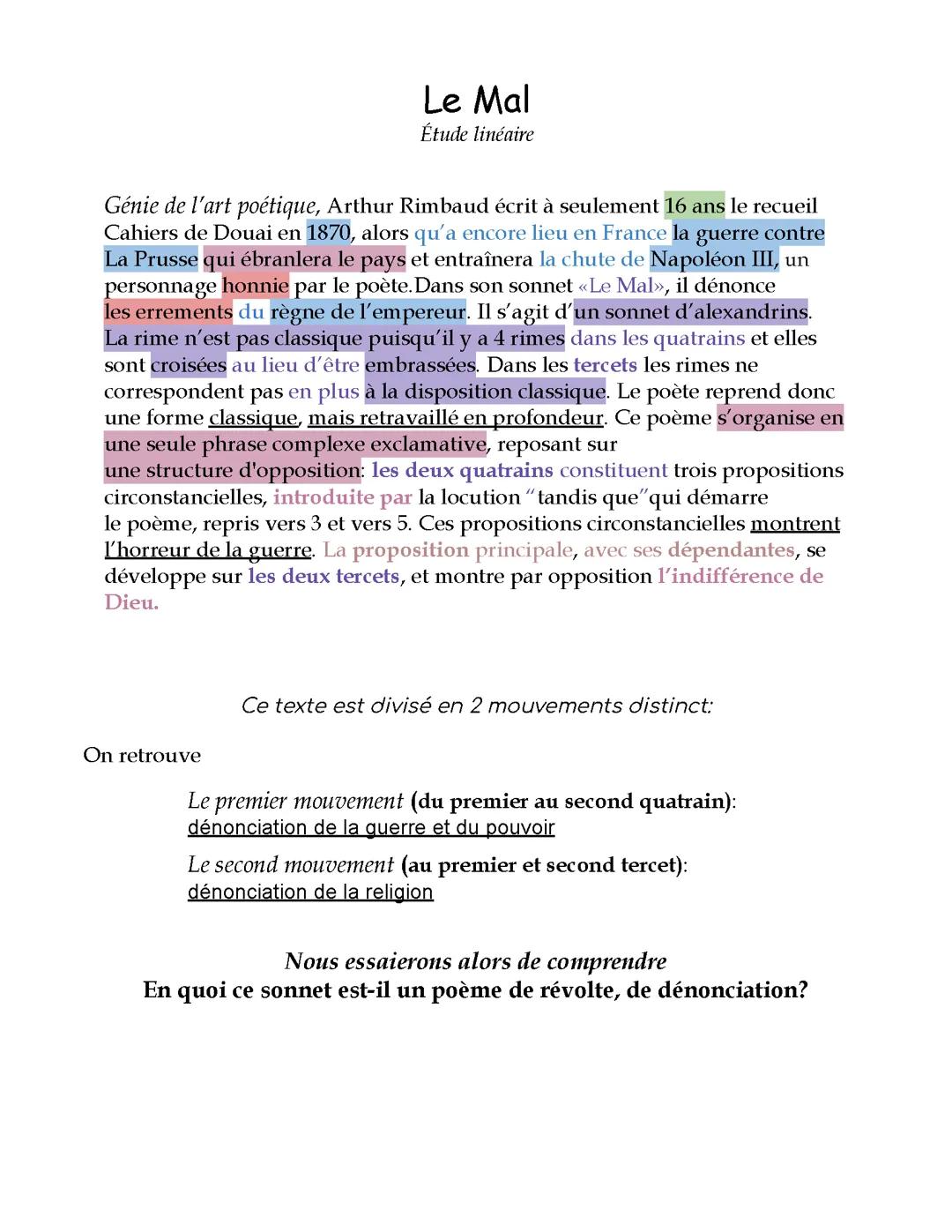 ÉTUDE LINÉAIRE RÉDIGÉE DE LE MAL RIMBAUD