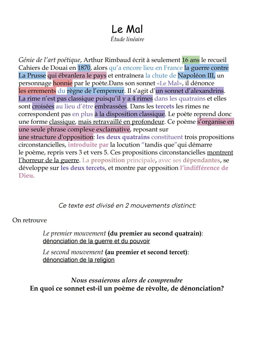 Le Mal
Étude linéaire
Génie de l'art poétique, Arthur Rimbaud écrit à seulement 16 ans le recueil
Cahiers de Douai en 1870, alors qu'a encor