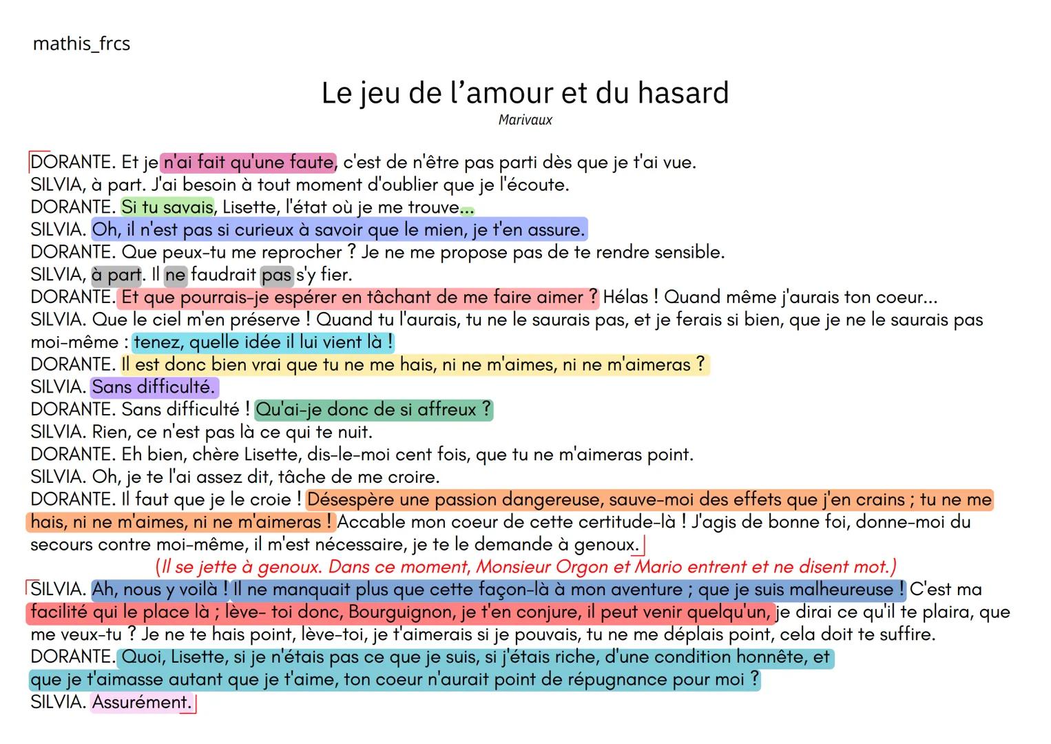mathis_frcs
Le jeu de l'amour et du hasard
Marivaux
DORANTE. Et je n'ai fait qu'une faute, c'est de n'être pas parti dès que je t'ai vue.
SI