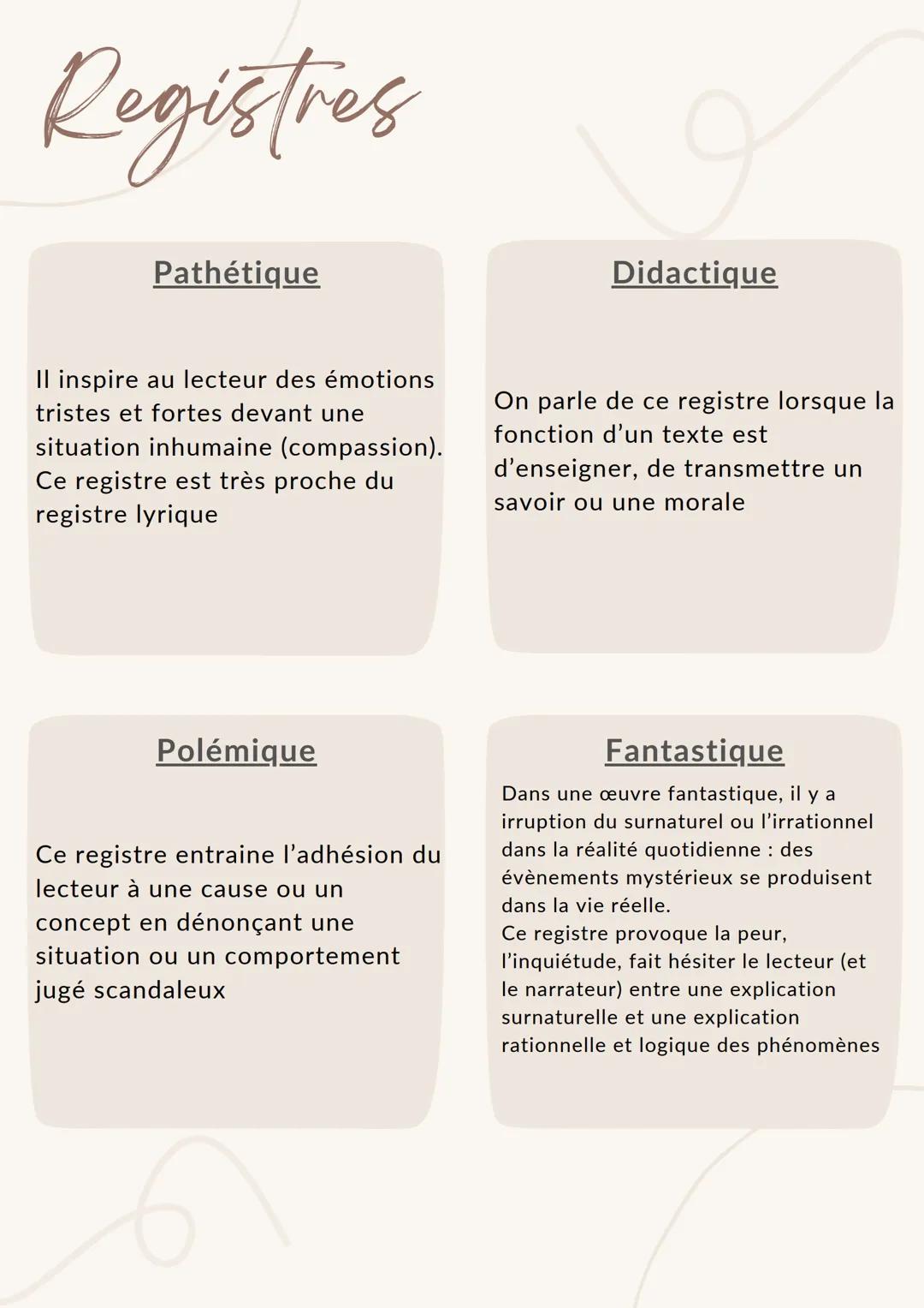 # Registres
## Epique
Ce registre sert à provoquer
l'admiration et l'enthousiasme du
lecteur, en louant les exploits
d'un ou plusieurs hér