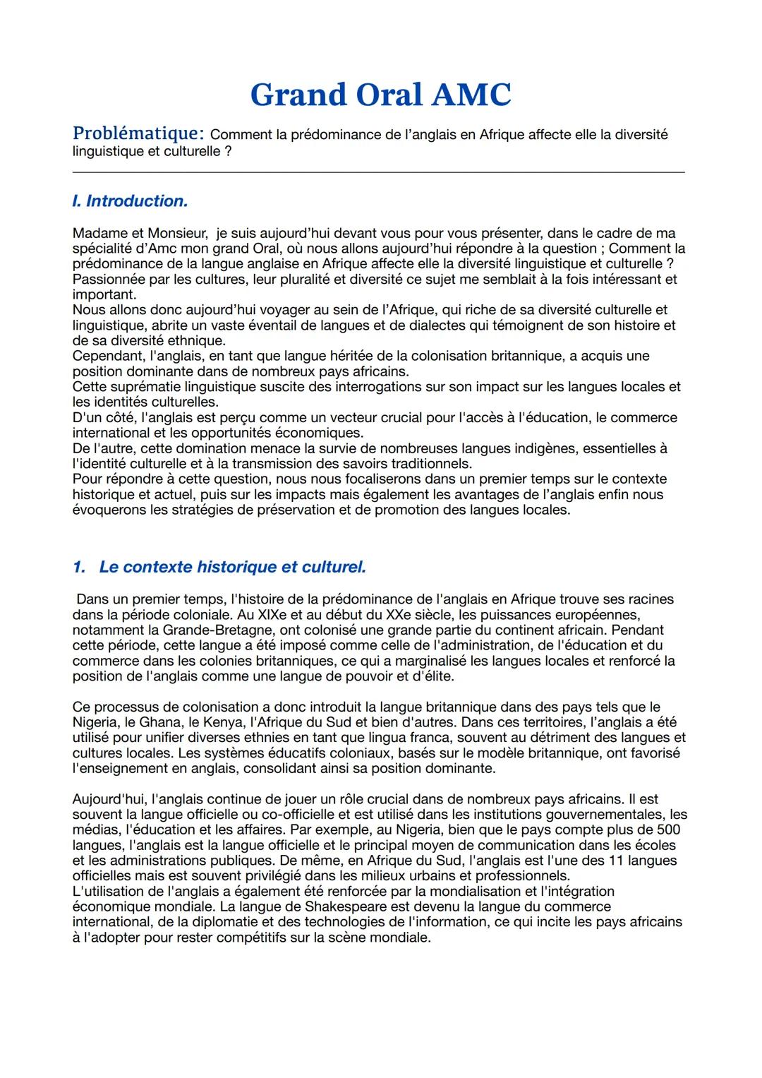 # Grand Oral AMC
Problématique: Comment la prédominance de l'anglais en Afrique affecte elle la diversité
linguistique et culturelle ?
1.