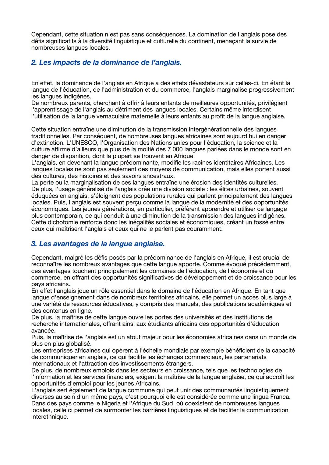 # Grand Oral AMC
Problématique: Comment la prédominance de l'anglais en Afrique affecte elle la diversité
linguistique et culturelle ?
1.