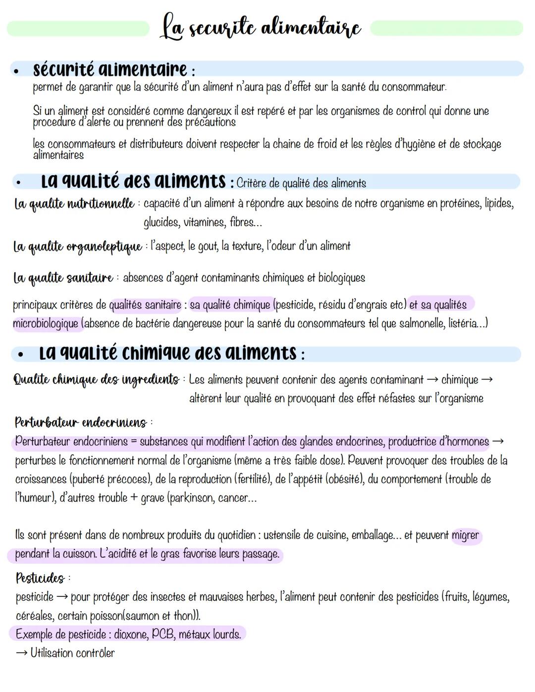 # La securite alimentaire
- sécurité alimentaire :
permet de garantir que la sécurité d'un aliment n'aura pas d'effet sur la santé du conso