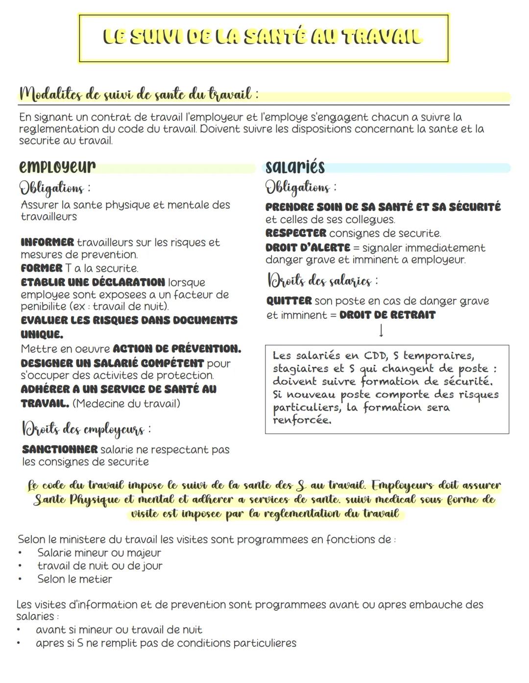 LE SUIVI DE LA SANTÉ AU TRAVAIL
Modalites de suivi de sante du travail :
En signant un contrat de travail l'employeur et l'employe s'engagen