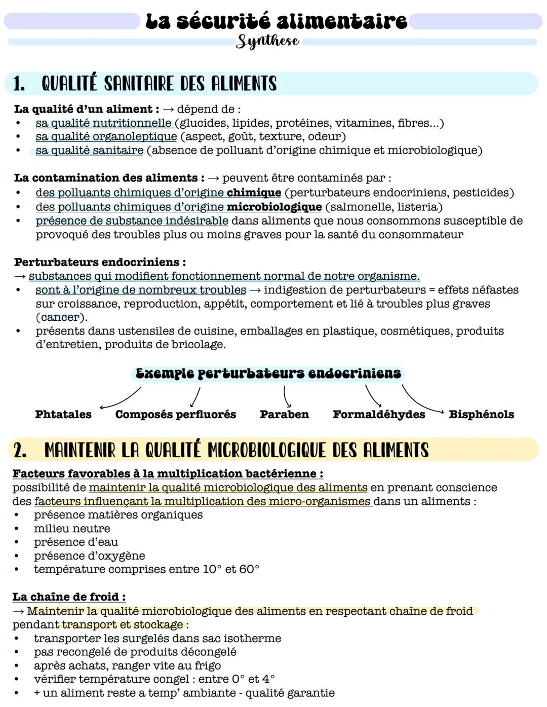 La sécurité alimentaire
Synthese
1. QUALITÉ SANITAIRE DES ALIMENTS
La qualité d'un aliment: → dépend de :
•
sa qualité nutritionnelle (gluci