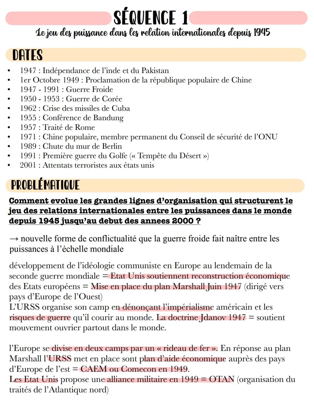 •
•
.
•
.
•
•
SÉQUENCE 1
Le jeu des puissance dans les relation internationales depuis 1945
DATES
1947 Indépendance de l'inde et du Pakistan
