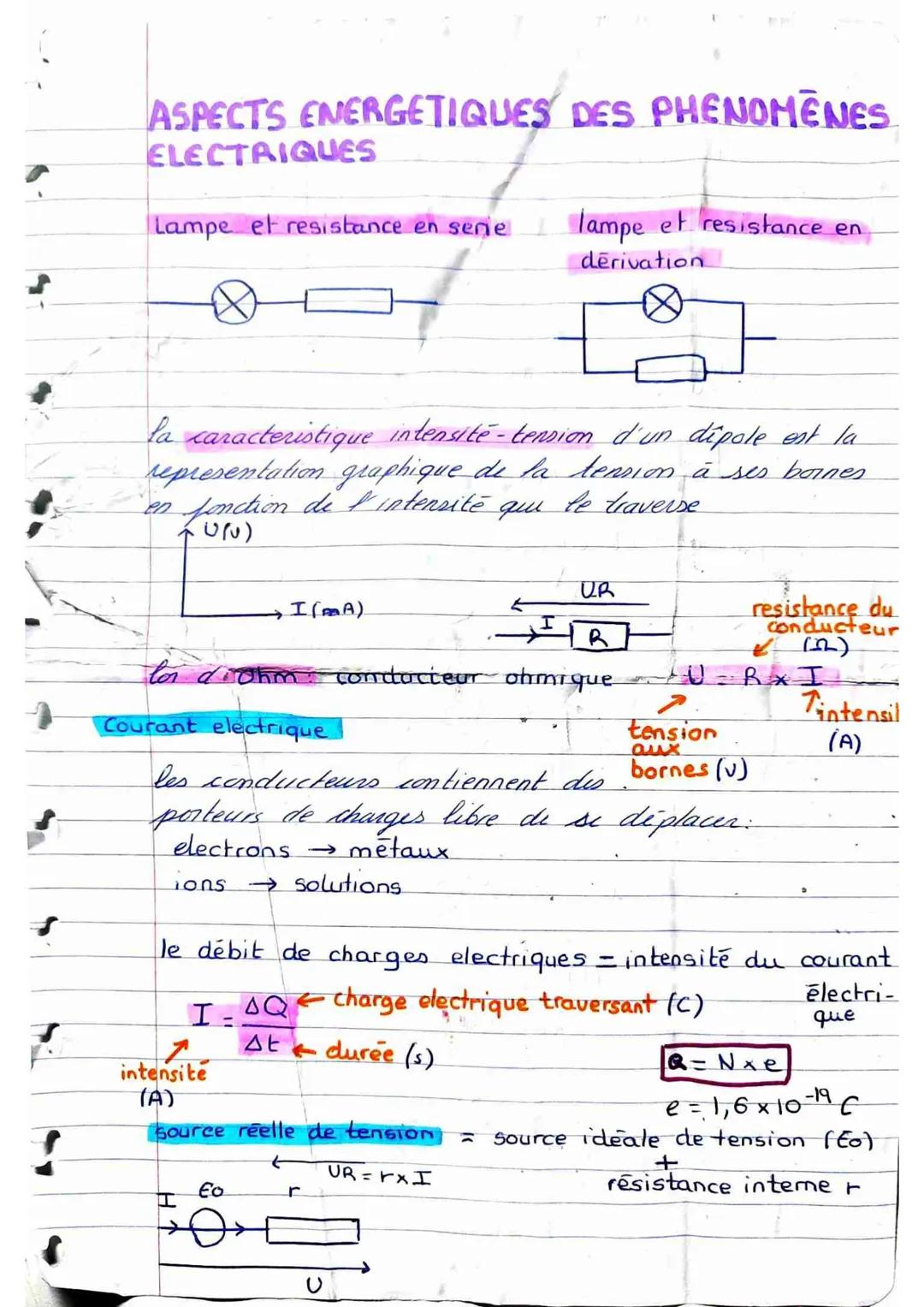 ASPECTS ENERGETIQUES DES PHENOMENES
ELECTRIQUES
Lampe et resistance en serie.
lampe et resistance en
derivation
la caracteristique intensité