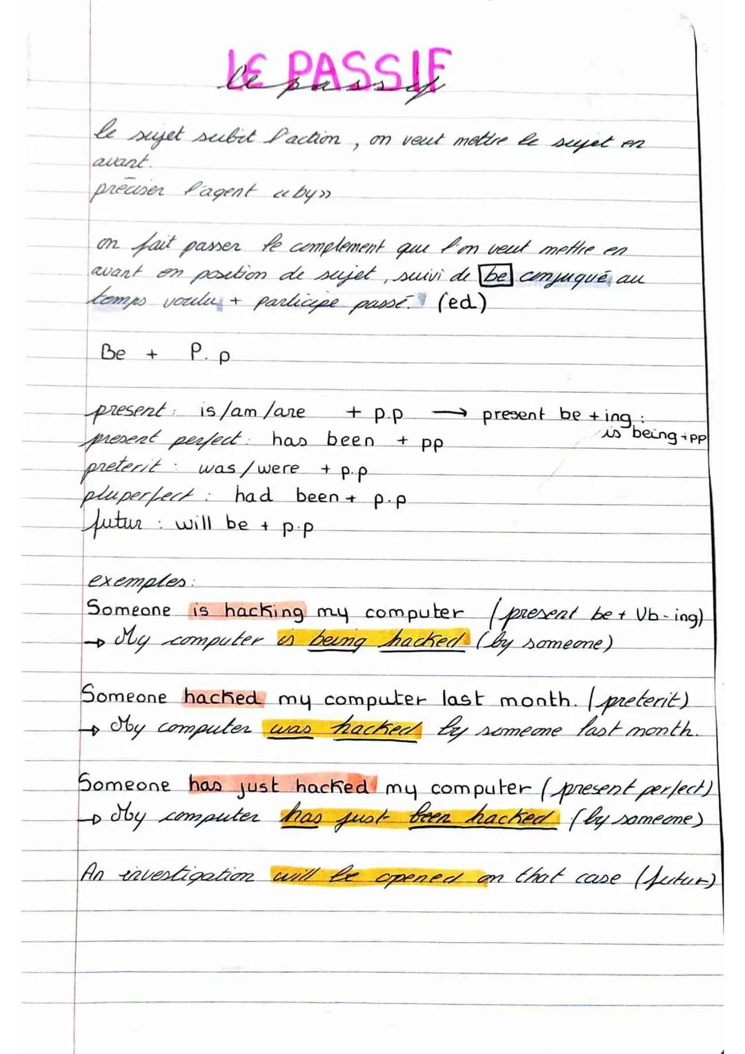 # LE PASSIE
le sujet subit l'action , on veut mettre le syet en
avant.
preciser lagent «by»
on fait passer le complement que l'on veut met