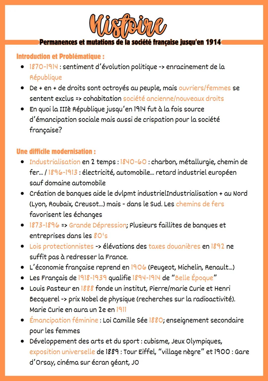 Histoire
Permanences et mutations de la société française jusqu'en 1914
Introduction et Problématique :
• 1870-1914: sentiment d'évolution p