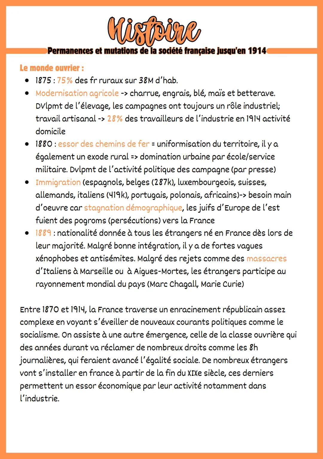 Histoire
Permanences et mutations de la société française jusqu'en 1914
Introduction et Problématique :
• 1870-1914: sentiment d'évolution p