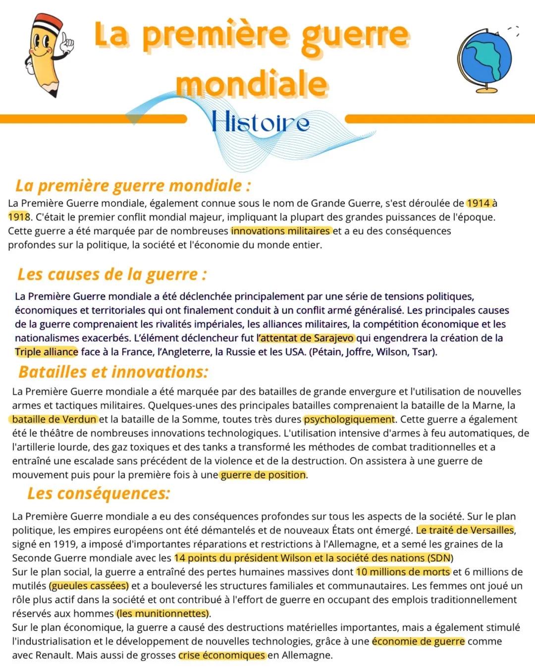 La première guerre
mondiale
Histoire
La première guerre mondiale:
La Première Guerre mondiale, également connue sous le nom de Grande Guerre