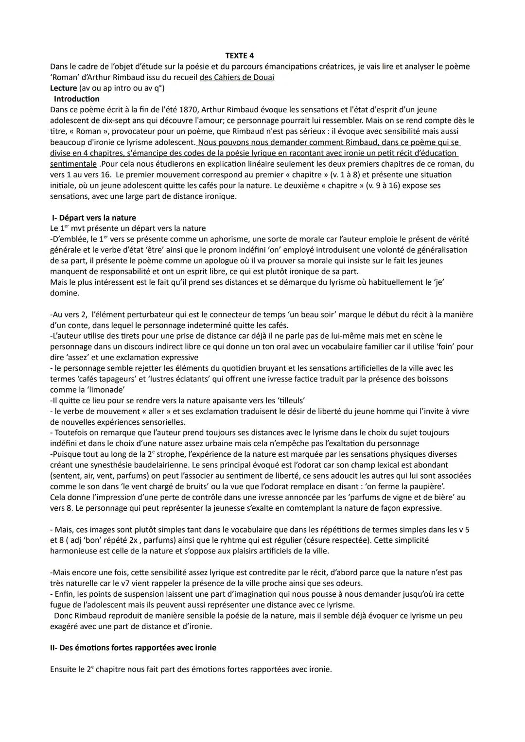 TEXTE 4
Dans le cadre de l'objet d'étude sur la poésie et du parcours émancipations créatrices, je vais lire et analyser le poème
'Roman' d'