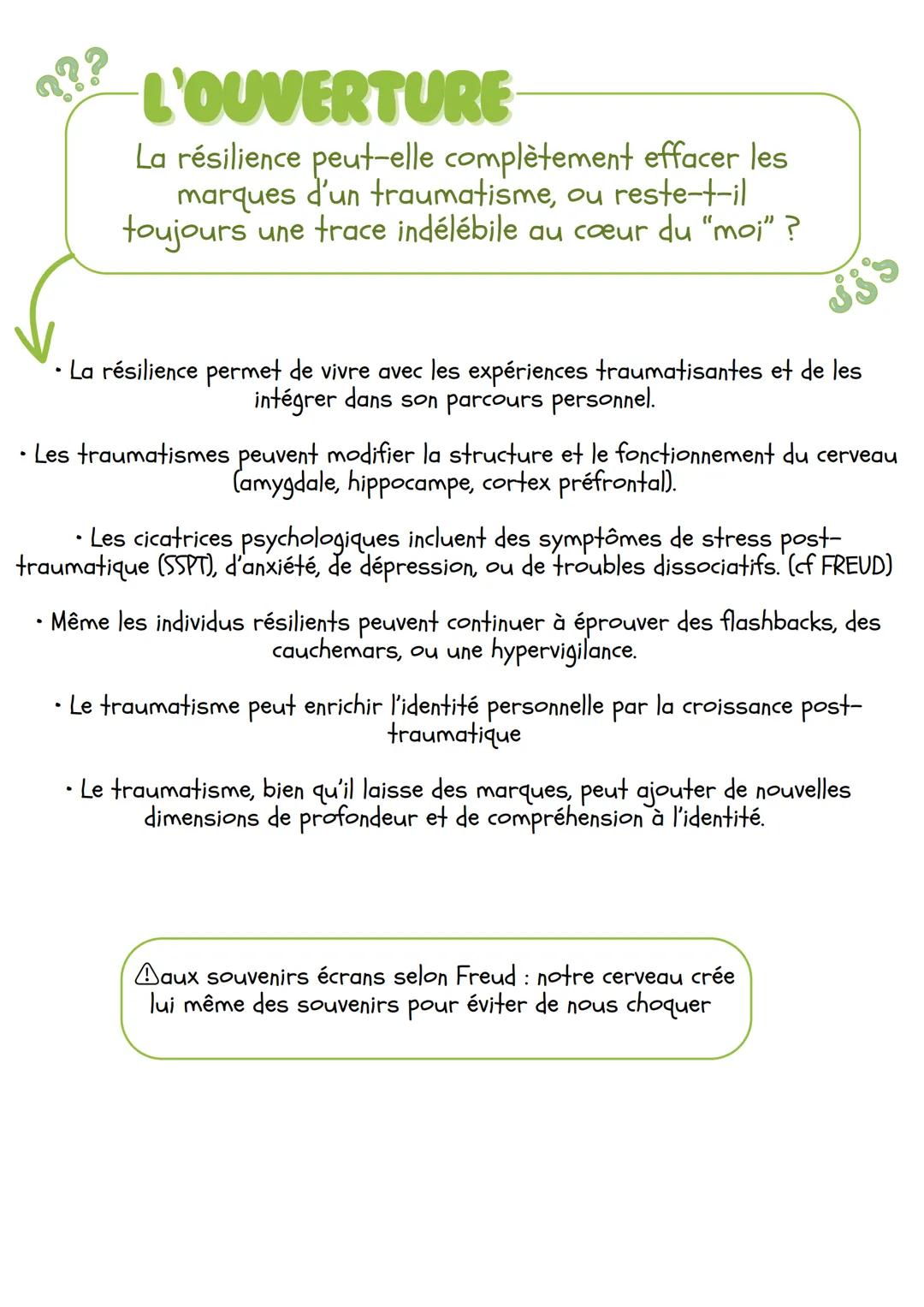 Les traumatismes
Les traumatismes transforment -ils
irréversiblement le moi ?
Viol, inceste, accident, mort,
divorce; toutes ces choses
auxq