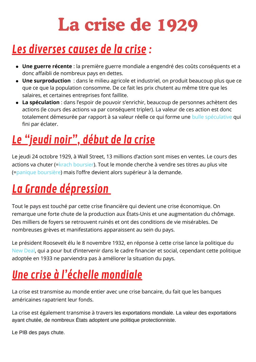 La crise de 1929
Les diverses causes de la crise :
• Une guerre récente : la première guerre mondiale a engendré des coûts conséquents et a