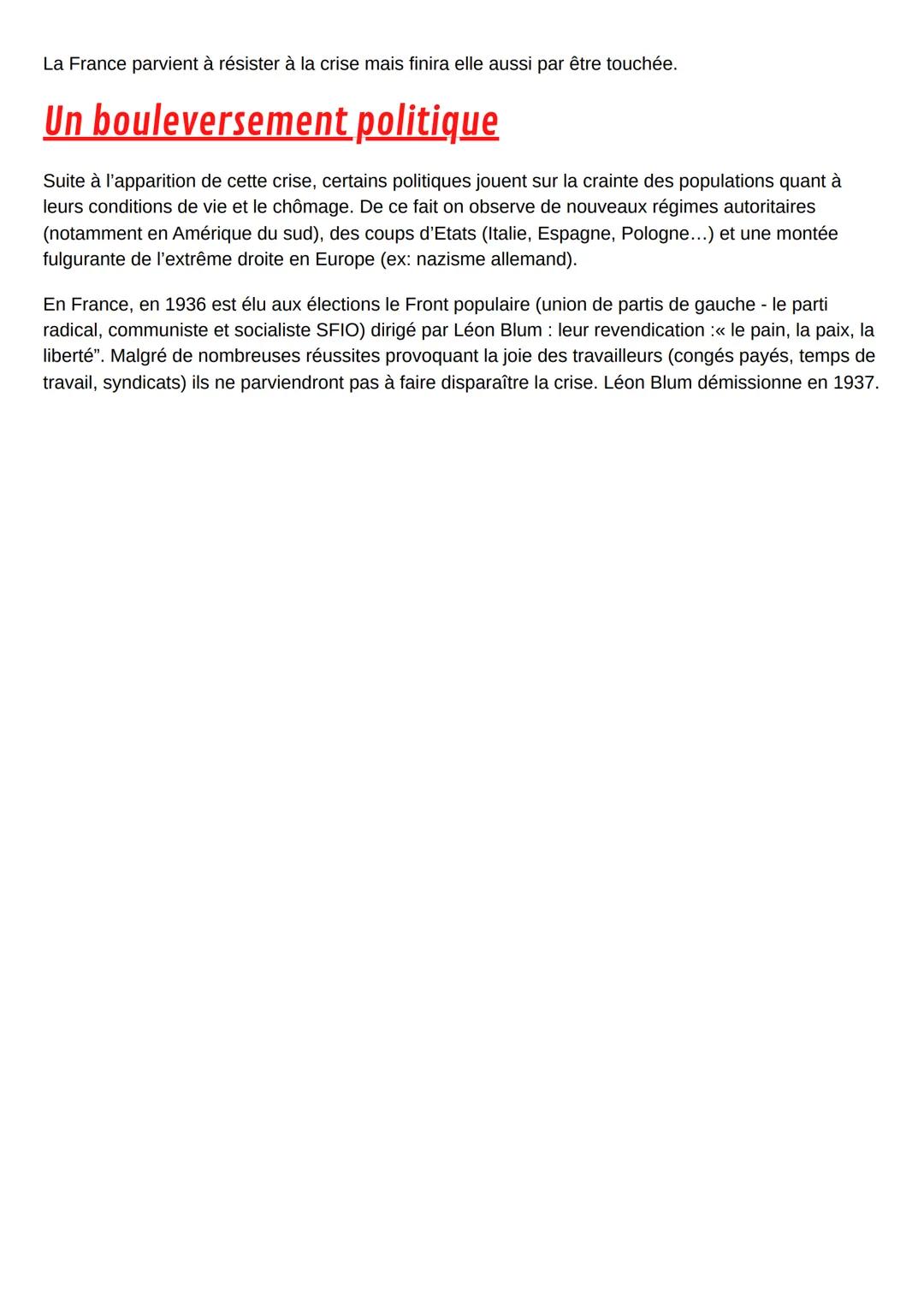La crise de 1929
Les diverses causes de la crise :
• Une guerre récente : la première guerre mondiale a engendré des coûts conséquents et a