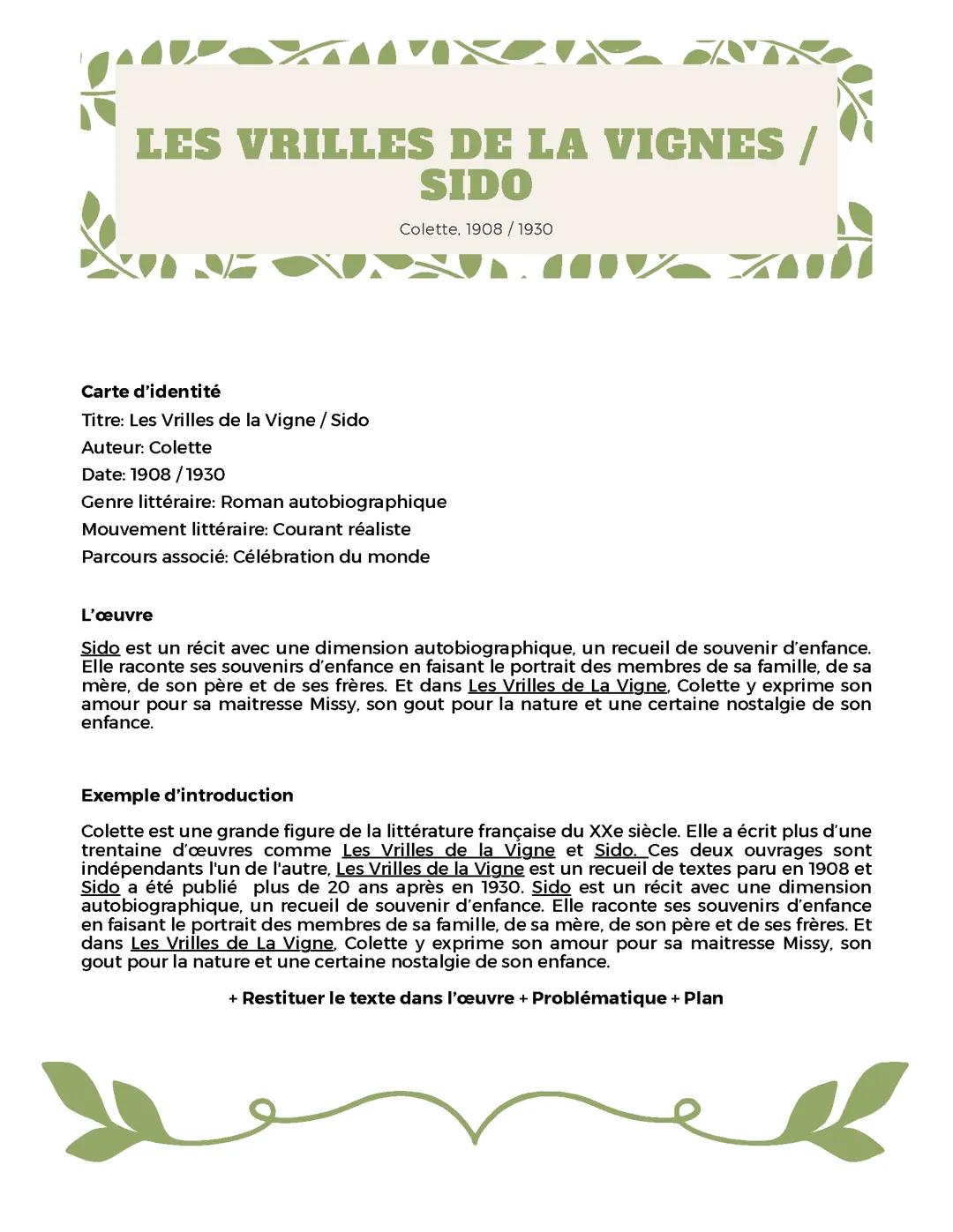 Les Vrilles de la Vignes et Sido, Colette